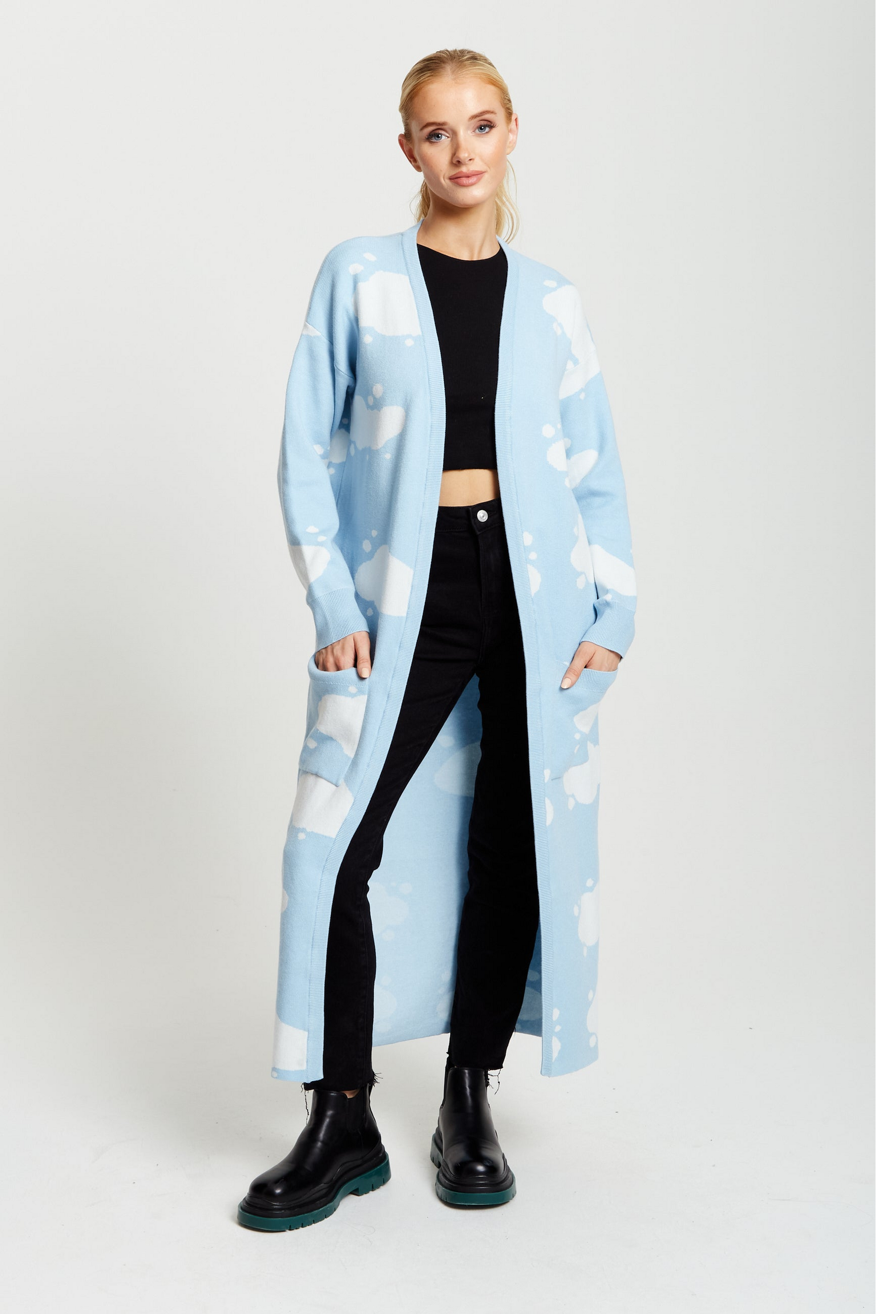 Cloud Pattern Longline Cardigan In Light Blue A2-LIQ21-157