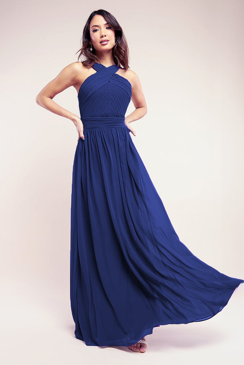 Goddiva Printed Chiffon Pleated Maxi Dress - Blue - Blue / 8