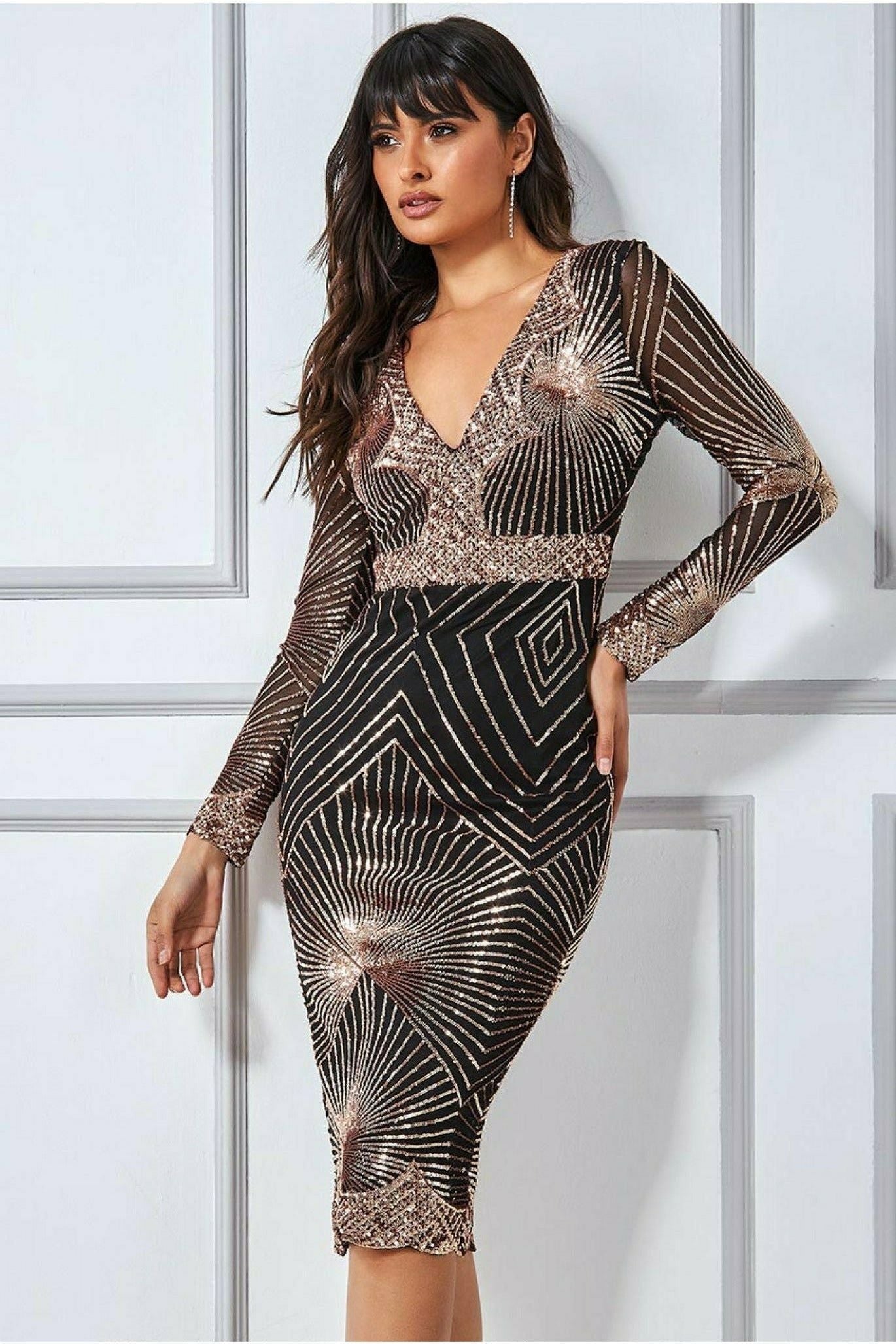 Rose gold sequin front long 2024 sleeve back tie detail bodycon dress