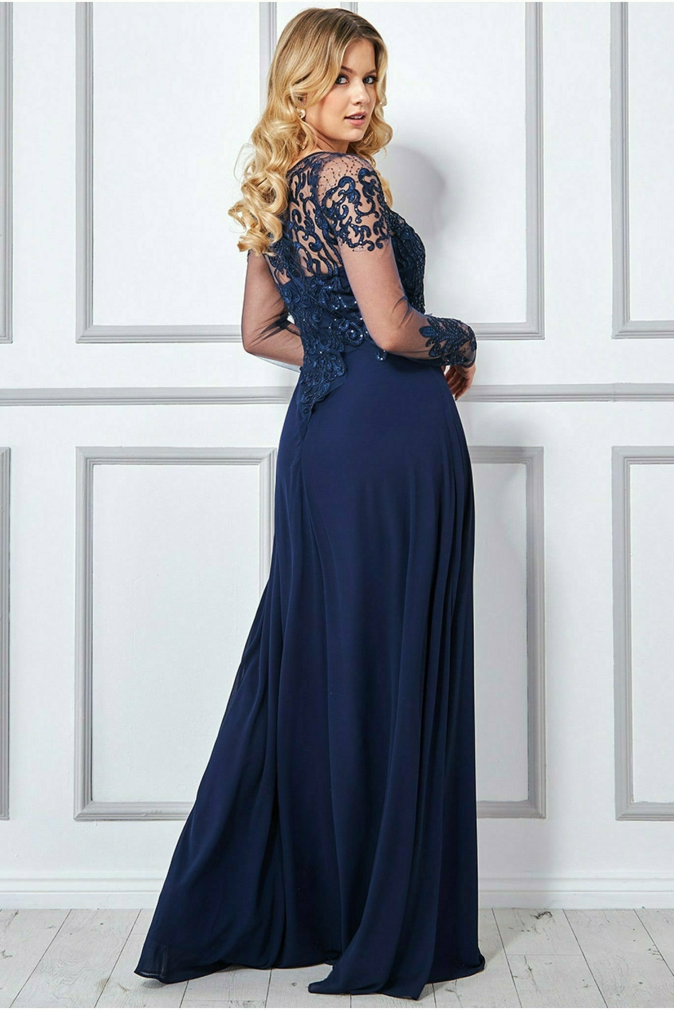 Mesh & Lace Embroidered Bodice Maxi - Navy DR3260