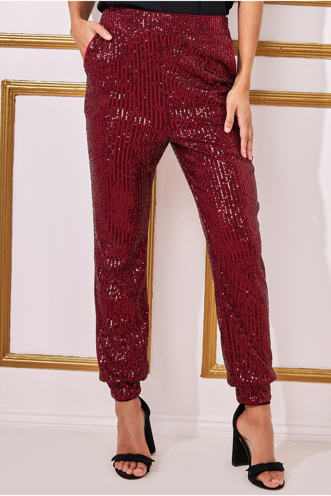 Sequin Cuffed Ankle Trouser - Wine TR360