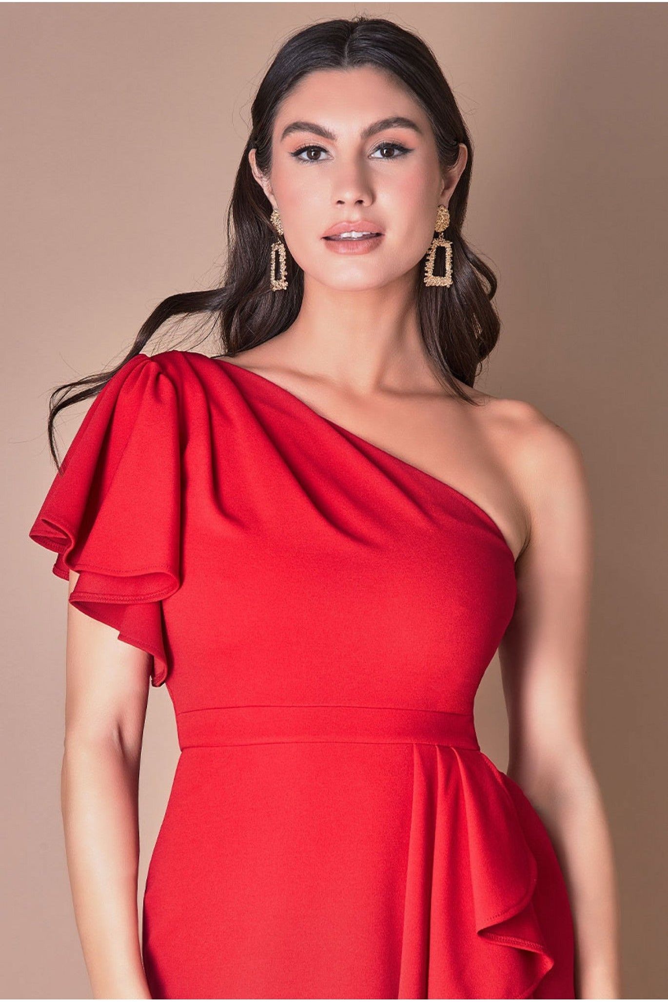 Waterfall Sleeve Wrap Midi Dress - Red DR3990