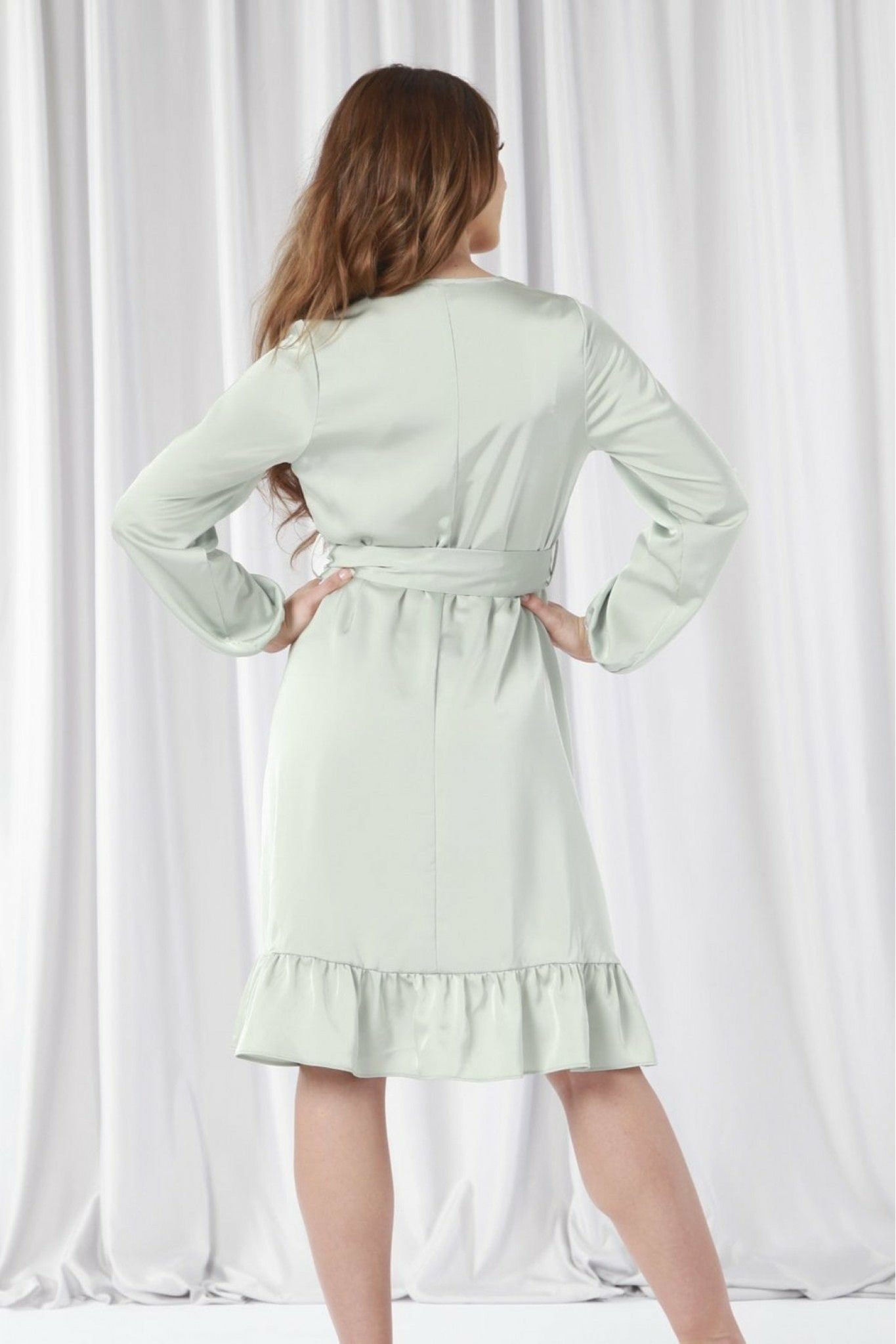 Sage Frill Satin Wrap Dress DR0000206