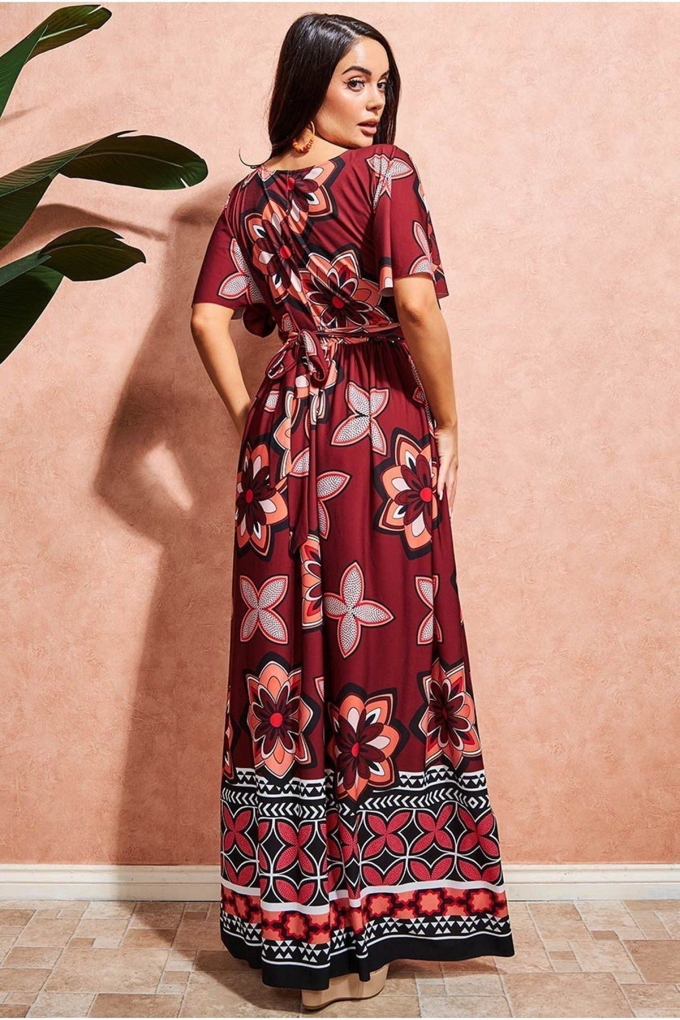 Printed Flutter Sleeve Maxi Dress - Brown DR3608