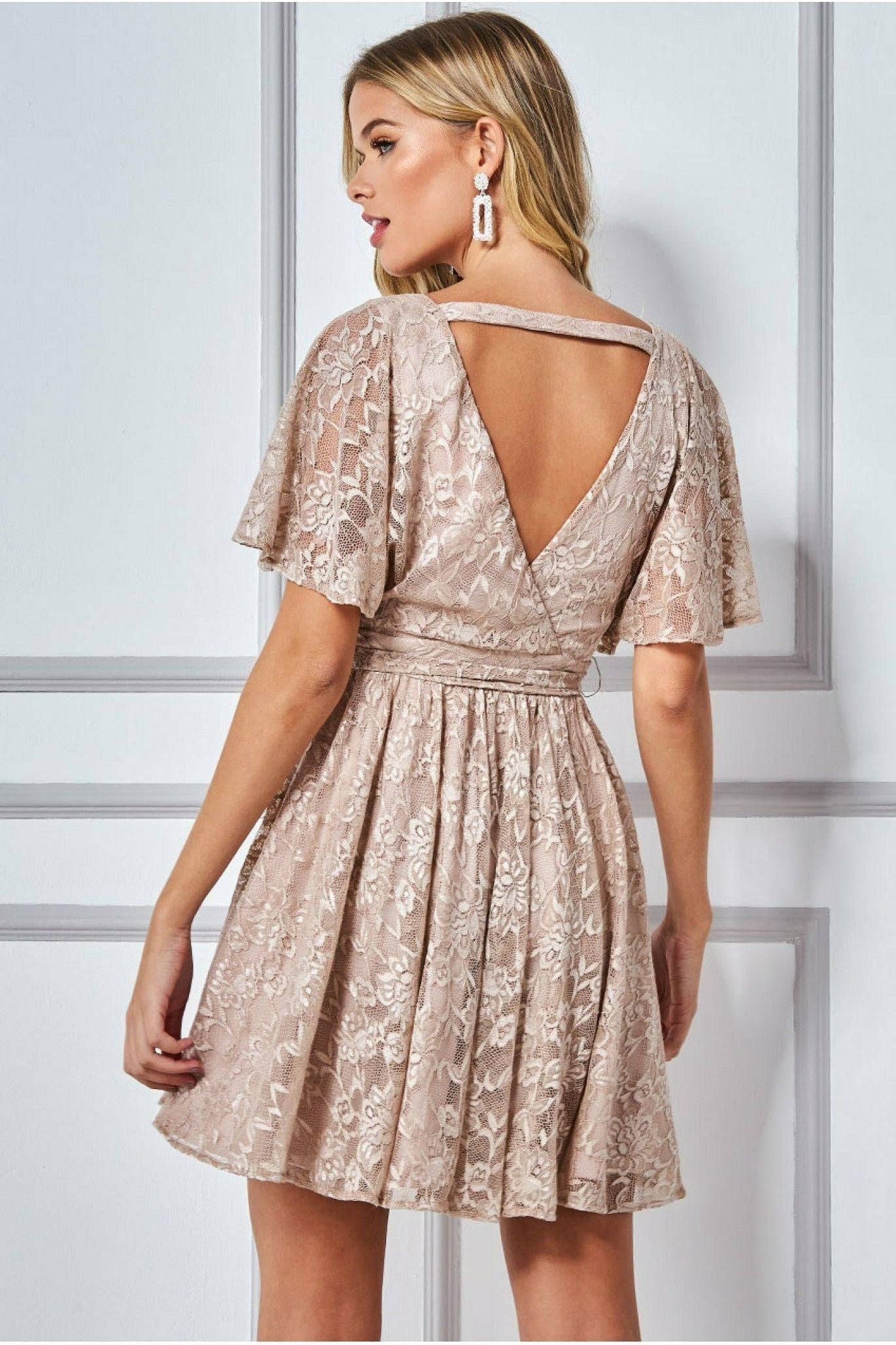 Lace Kimono Wrap Skater Mini Dress - Stone DR2567A