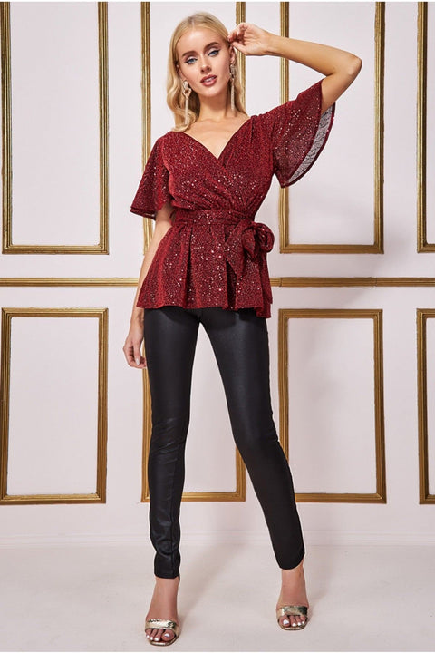 Lurex Flutter Sleeve Wrap Top - Wine by Goddiva