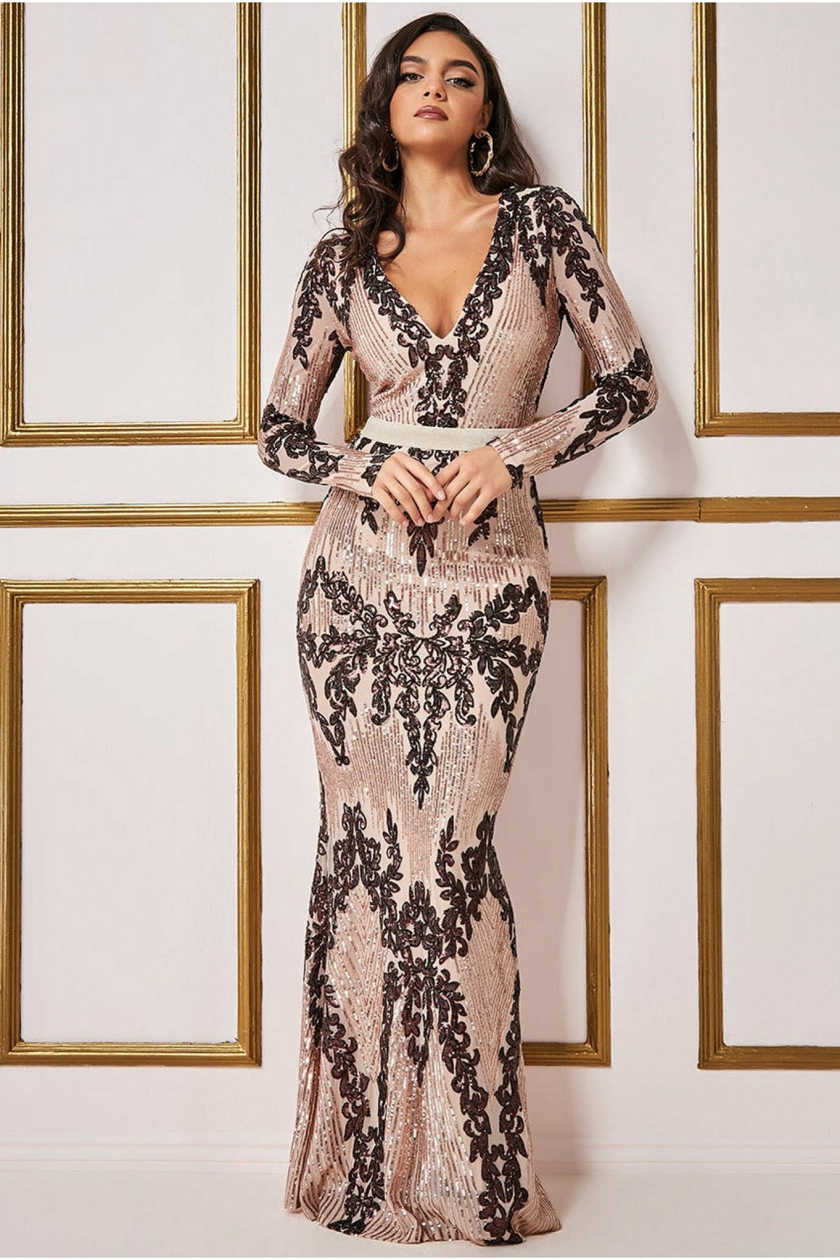 Long Sleeve Sequin Evening Maxi Dress - Champagne DR3016