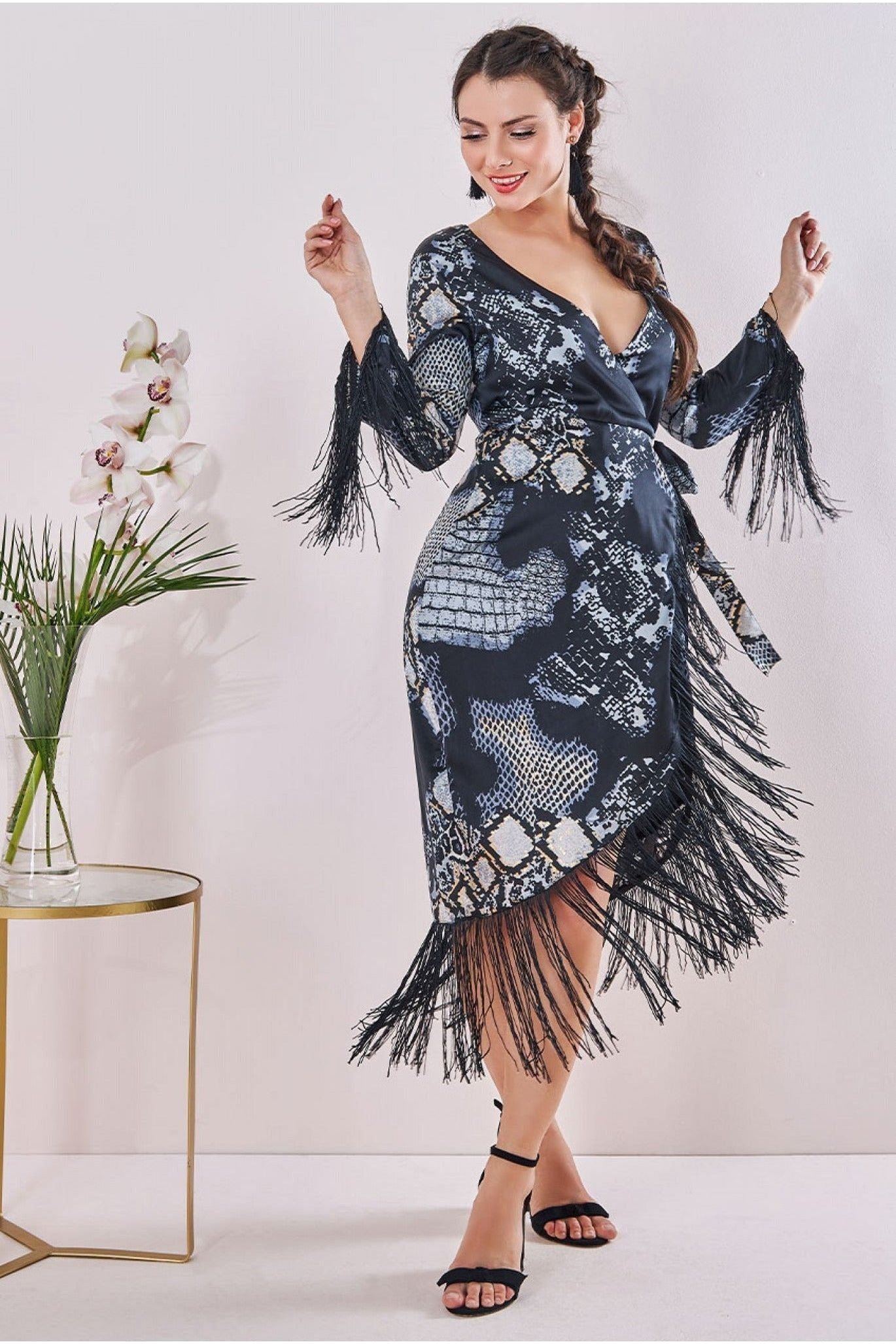 Maternity Tassel Foil Print Wrap Midi Black DR3699MAT