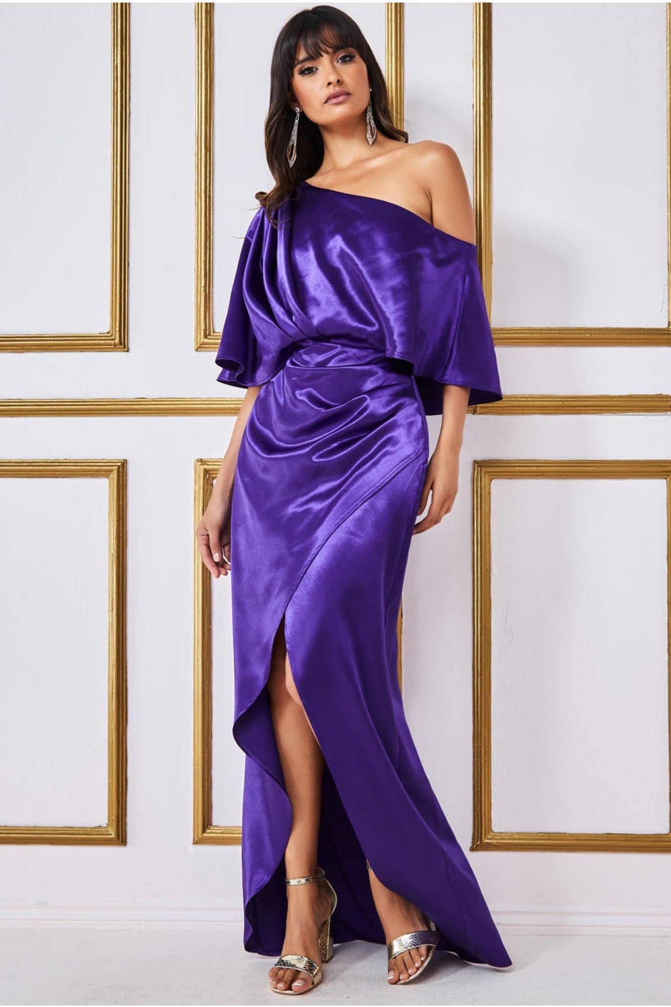 Satin Drape Shoulder Wrap Maxi Dress Purple - Main Image