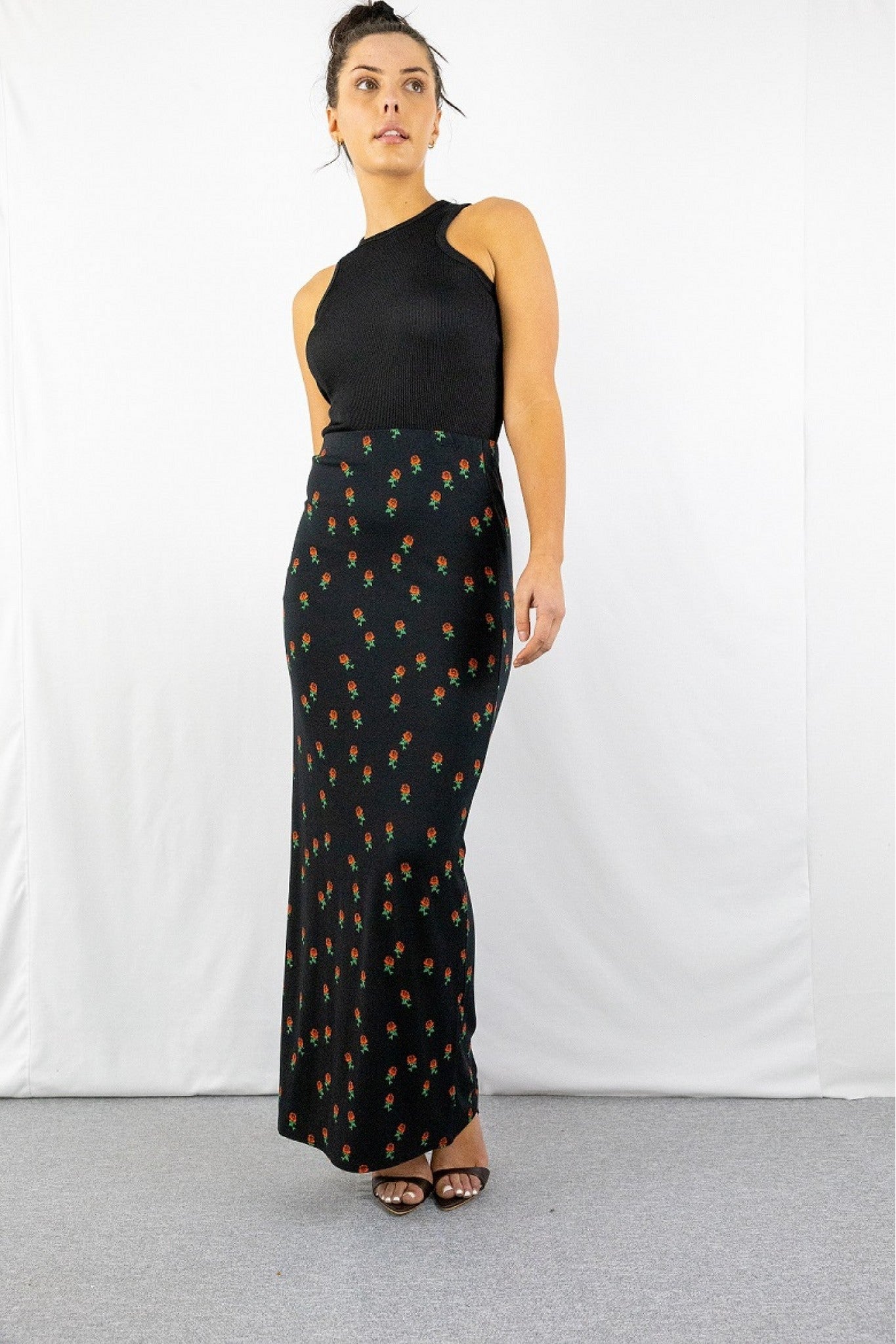 Pencil Maxi Skirt In Red Floral Print BF20810
