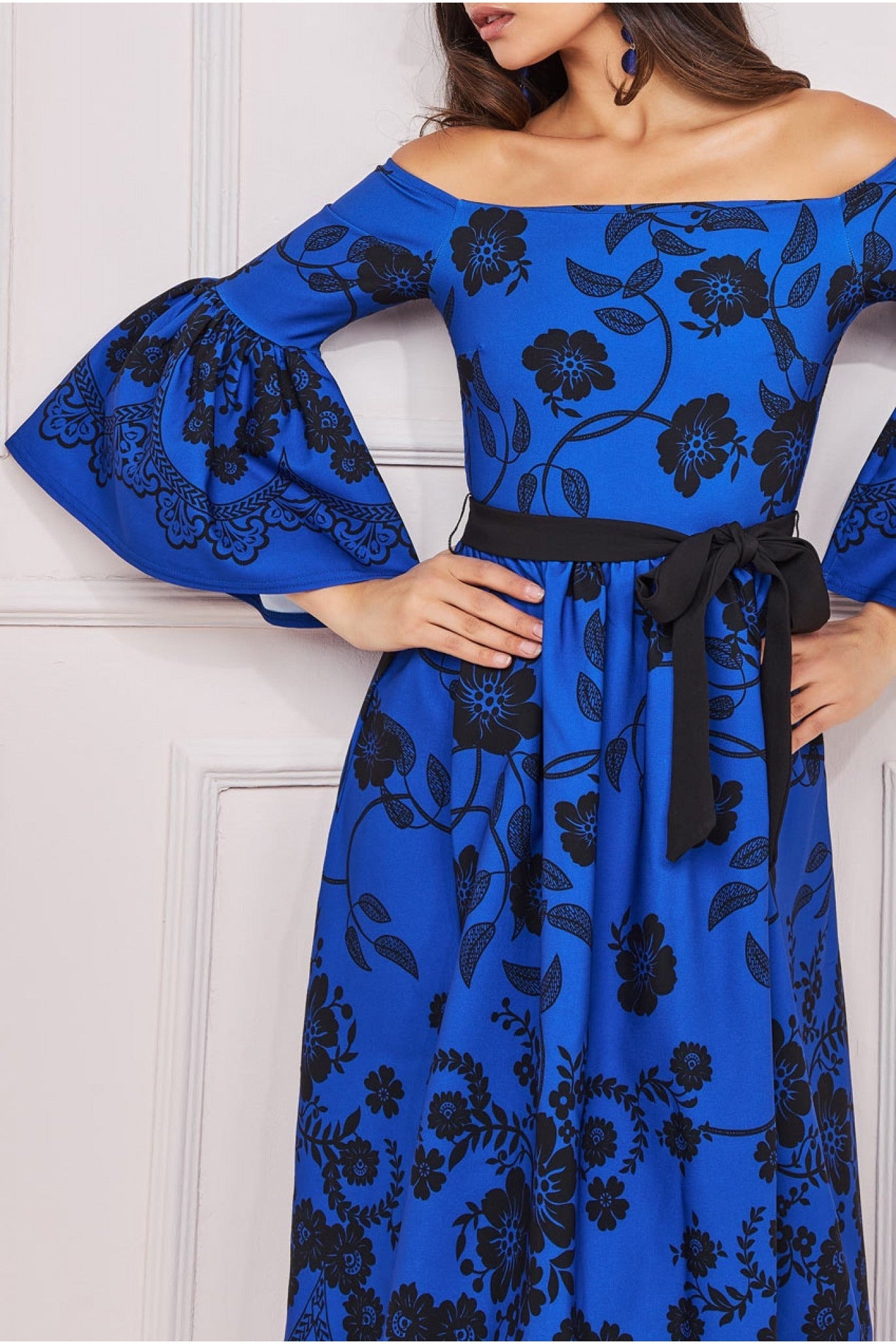 Printed Off The Shoulder Midi Dress - Royalblue DR3467