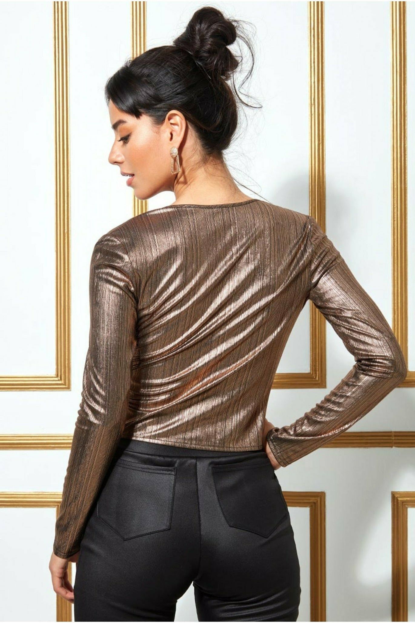 Metallic String Long Sleeve Top - Blackgold T160