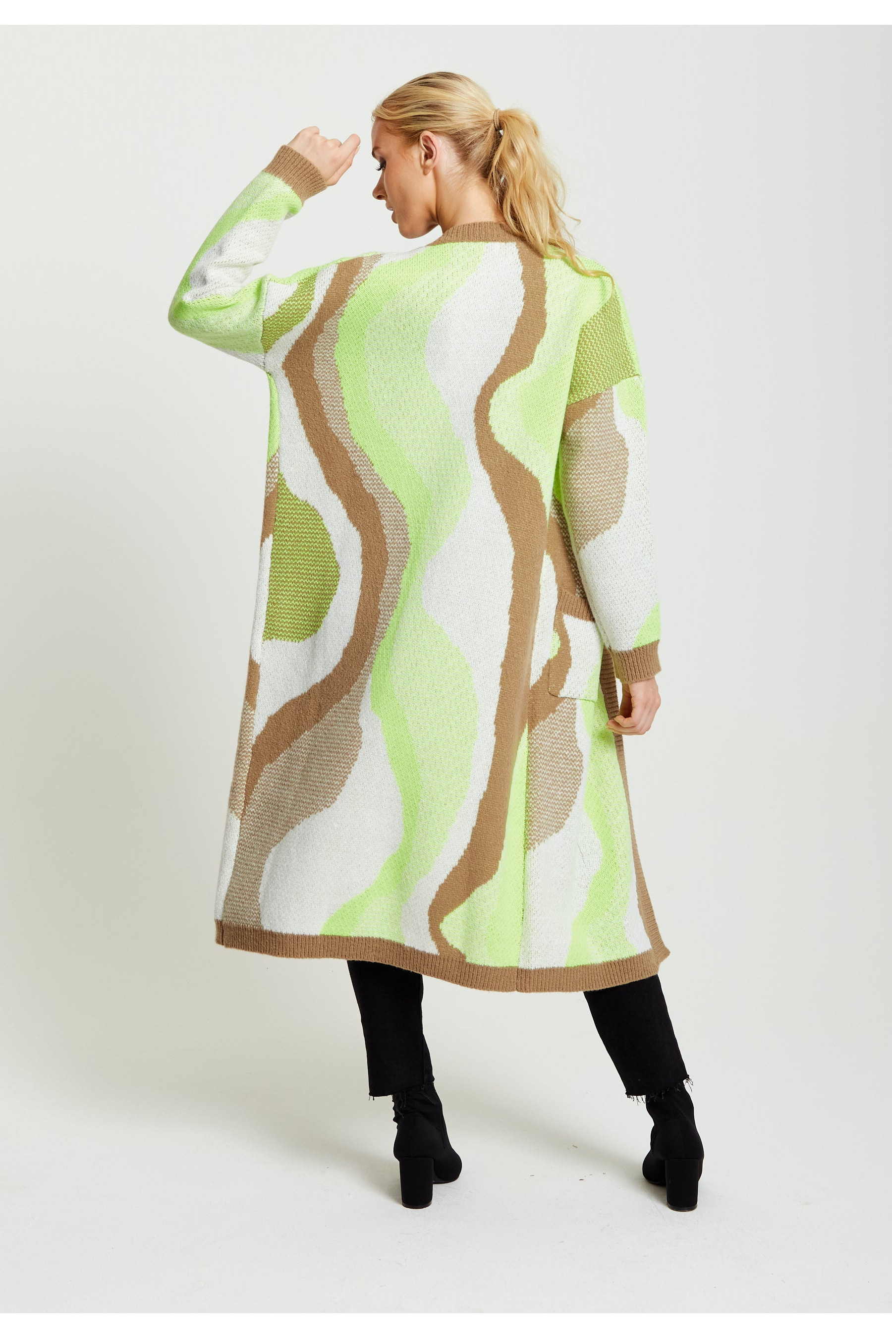 Longline Cardigan In Brown, Green And White D1-LS-L22AW002