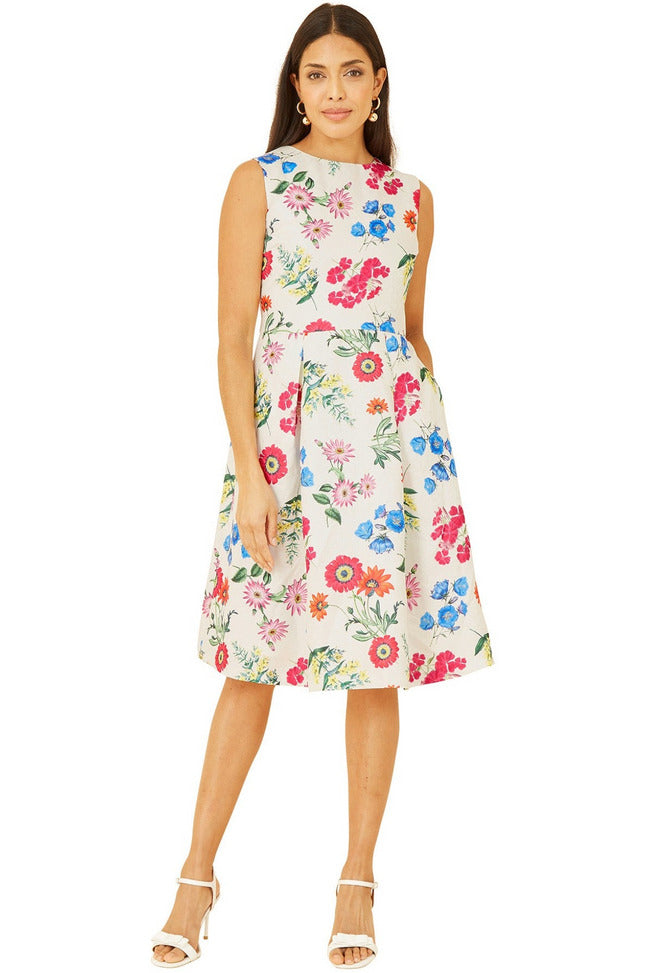 Yumi Ivory Botanical Floral Jacquard Skater Dress | Goddiva