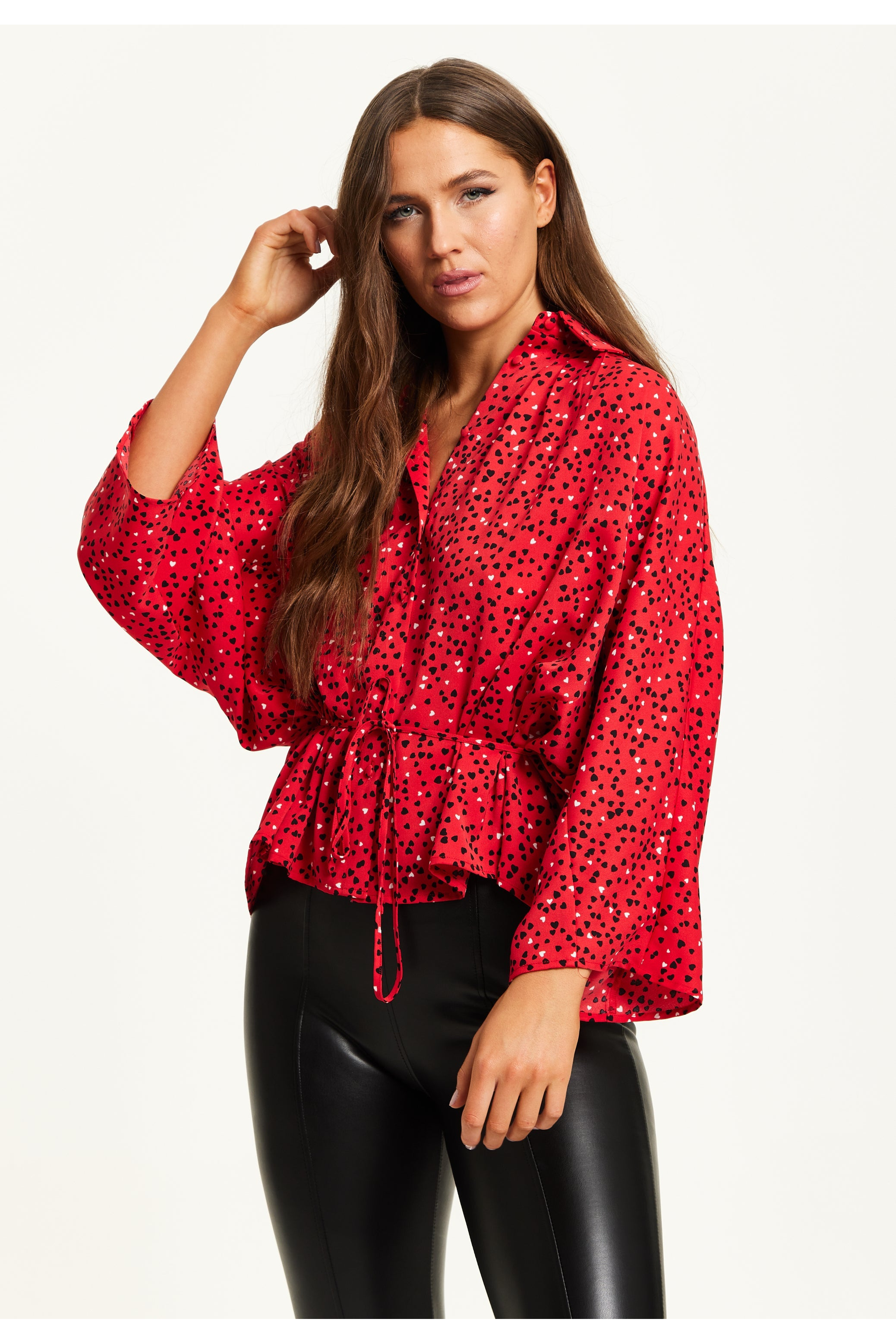 Heart Print Shirt With Long Sleeves And Tie Waist G6-226-LIQTRAN22-005-1