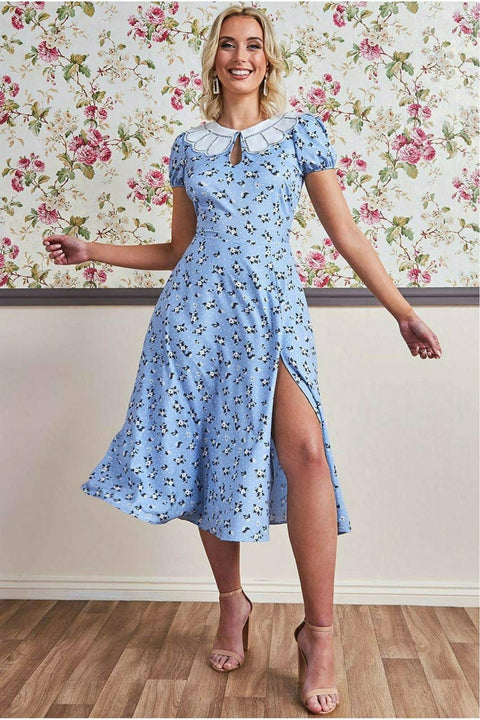 Printed Midi With Front Split - Powder Blue by Goddiva
