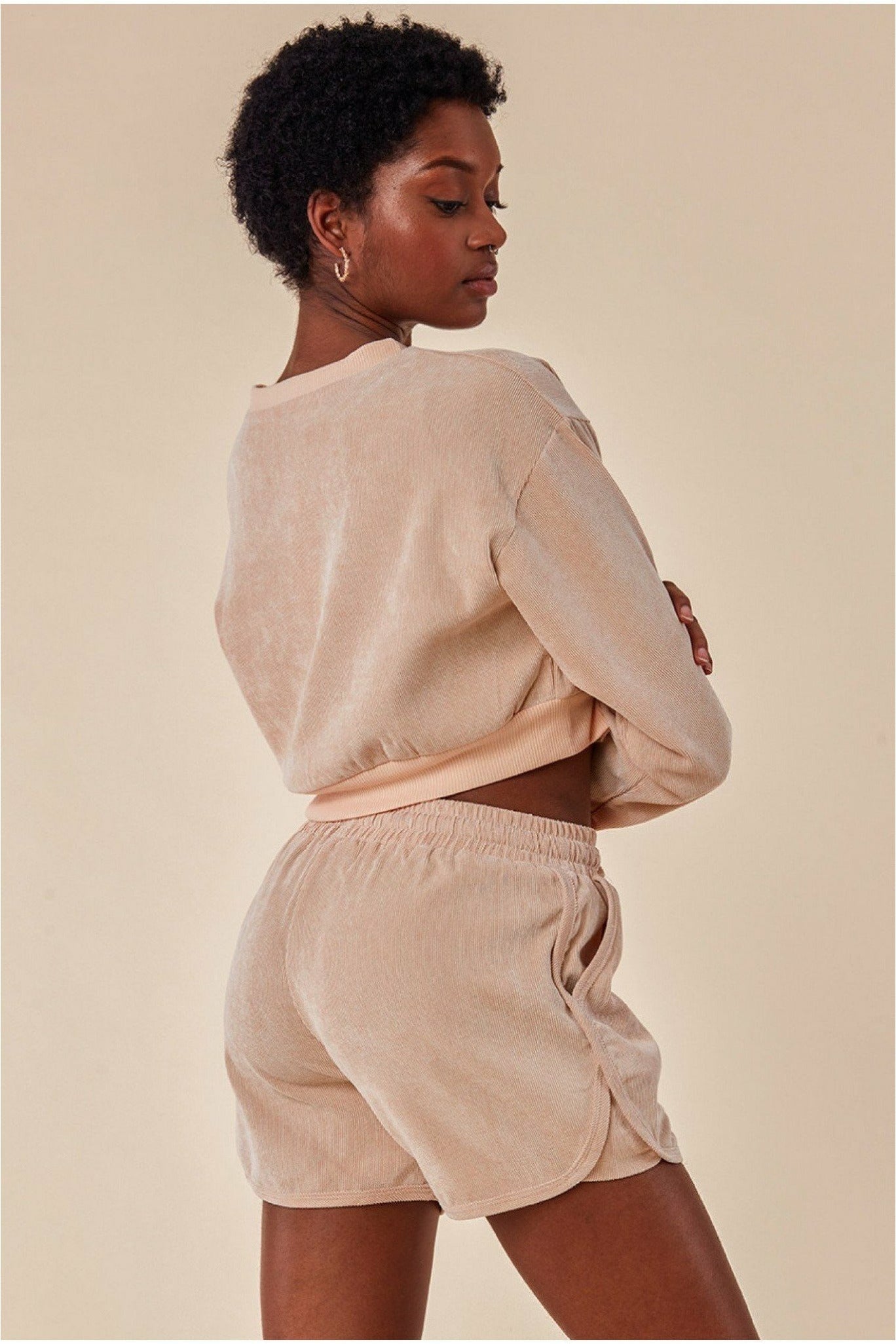 Oversized Cropped Jumper & Short Set - Beige TS15