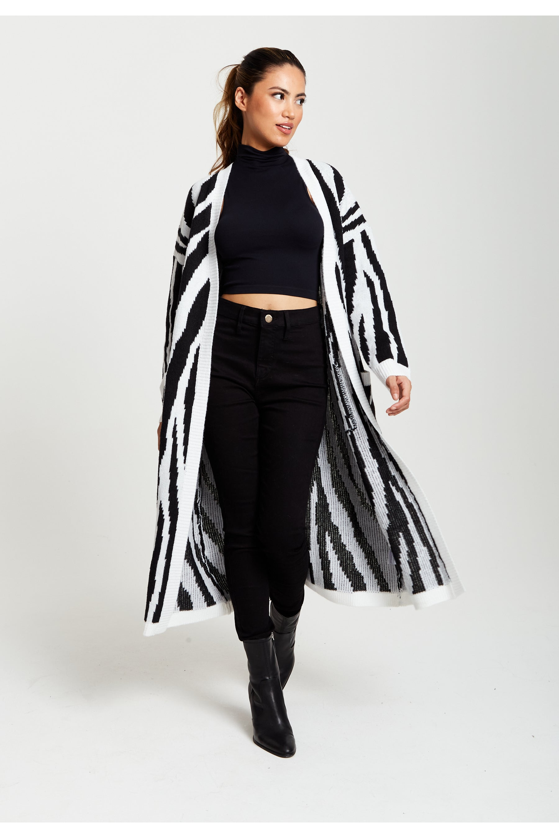 Longline Cardigan In Black And White Zebra Pattern D1-LIQ220204-A