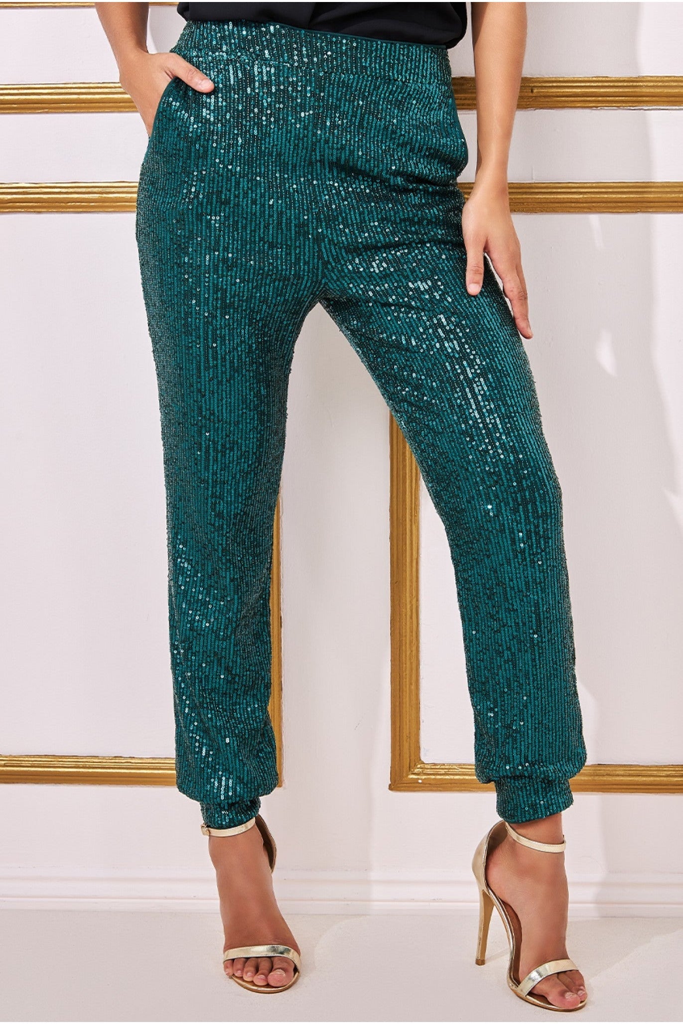 Sequin Cuffed Ankle Trouser - Emerald TR360