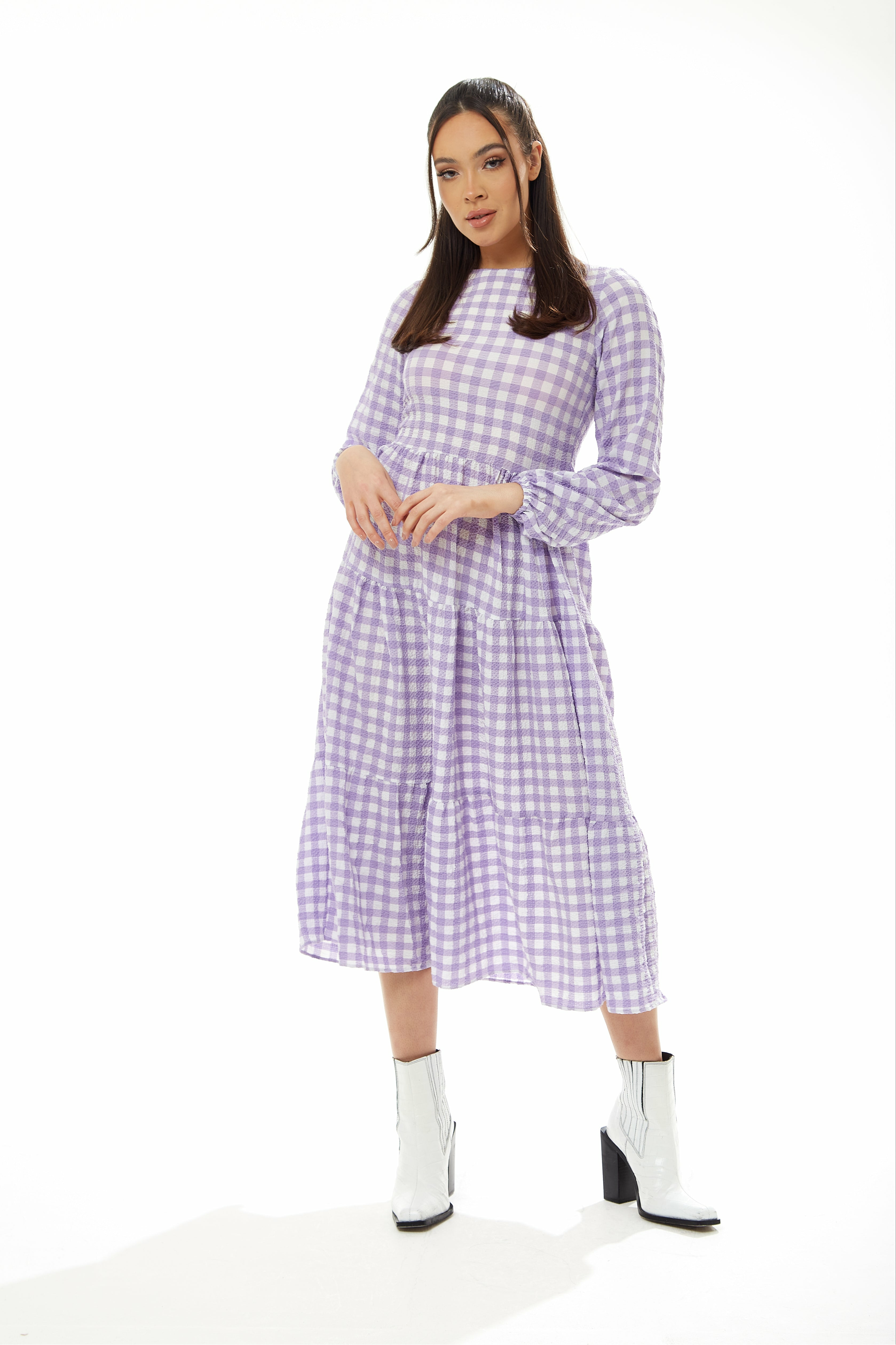 Long Sleeves Gingham Midi Dress - Lilac White TRDR010
