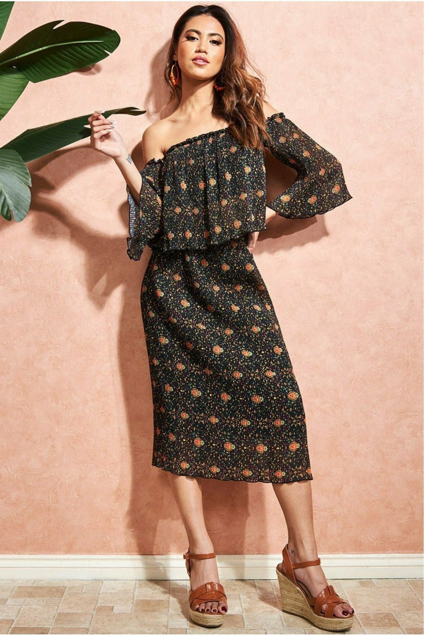 Printed Shirred Midi Skirt - Black SK15