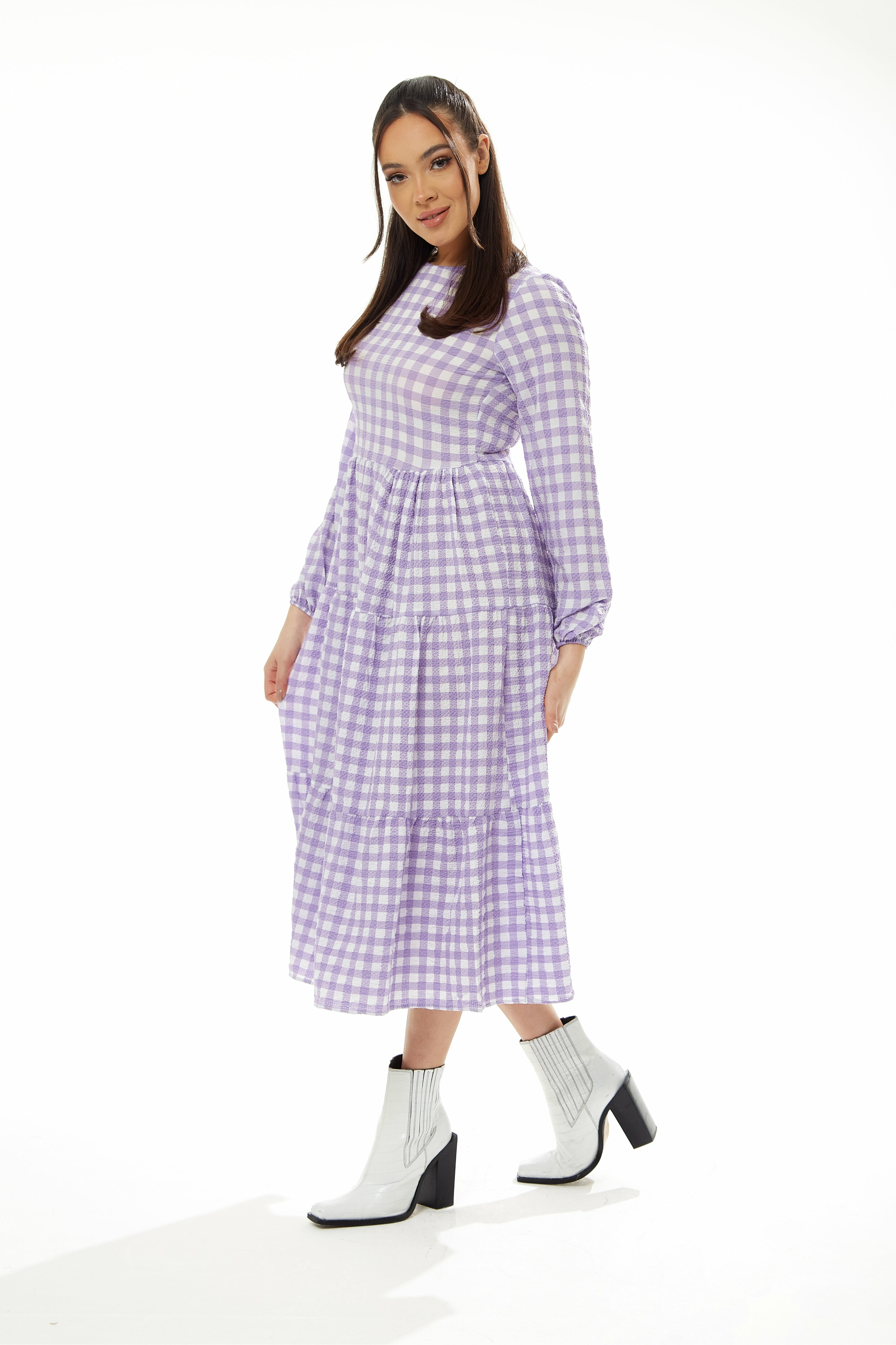 Liquorish Gingham Midi Dress in Lilac and White with Long Sleeves Liquorish Online