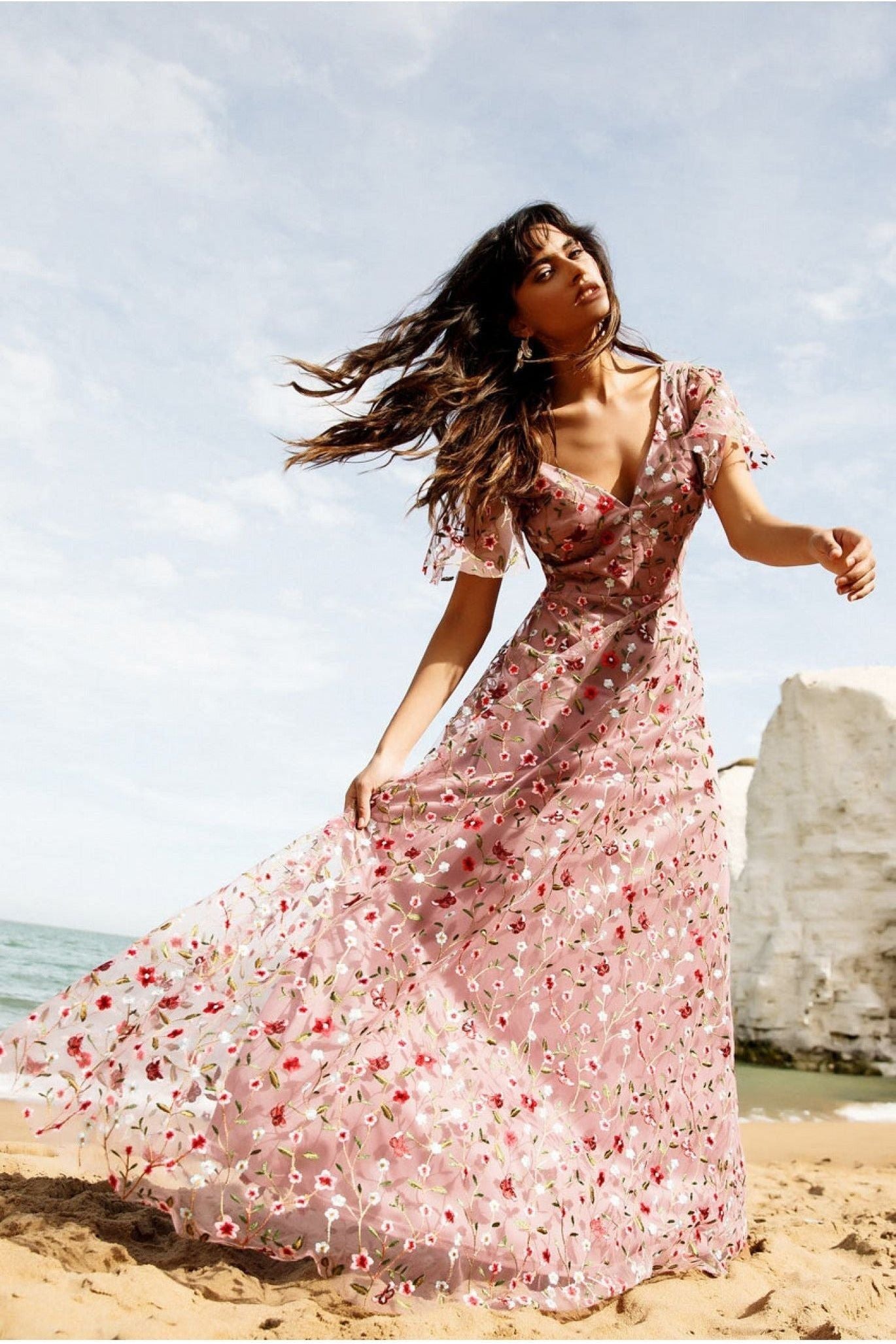 Rose maxi dress with sleeves Clearance