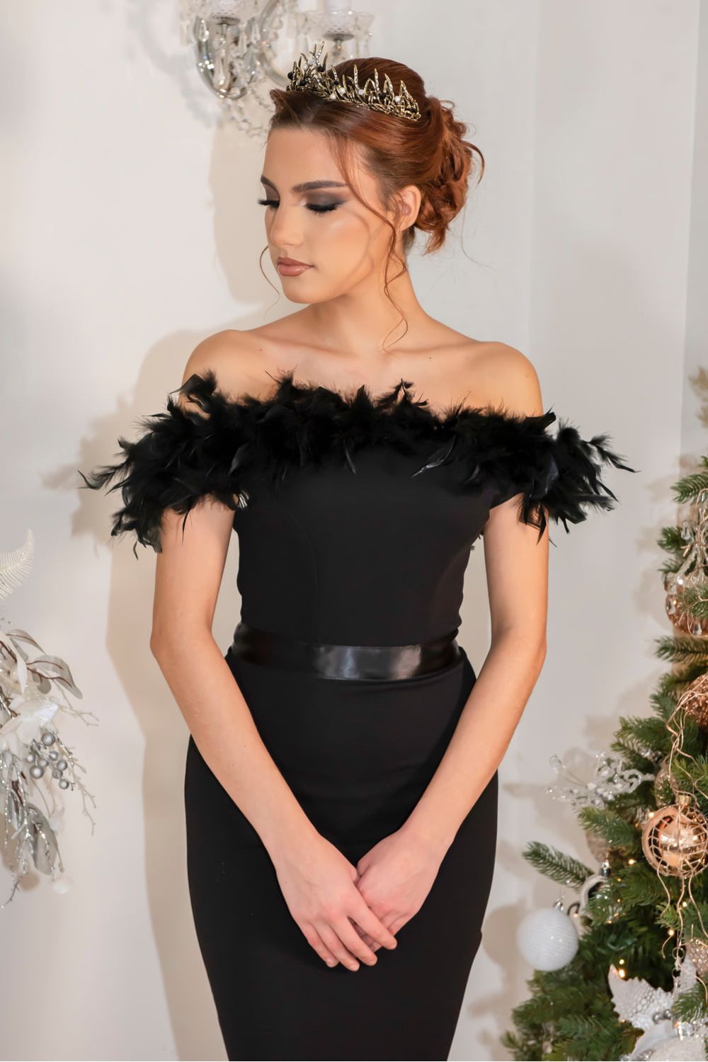 Crystal Fishtail Bardot Feather Trim Dress CRYSTAL