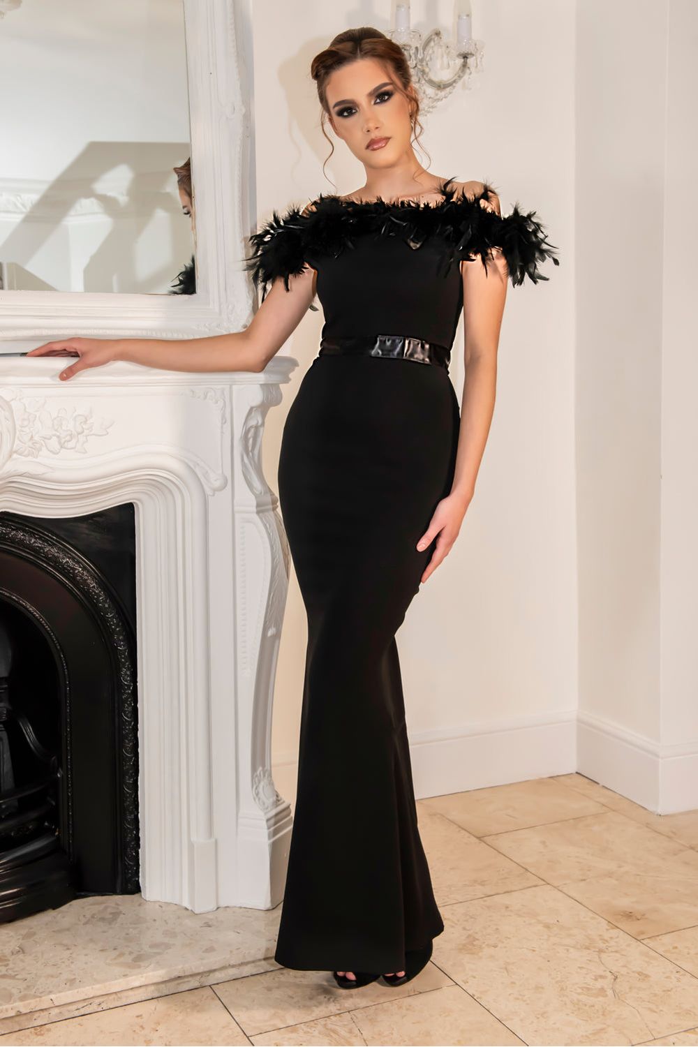 Crystal Fishtail Bardot Feather Trim Dress CRYSTAL