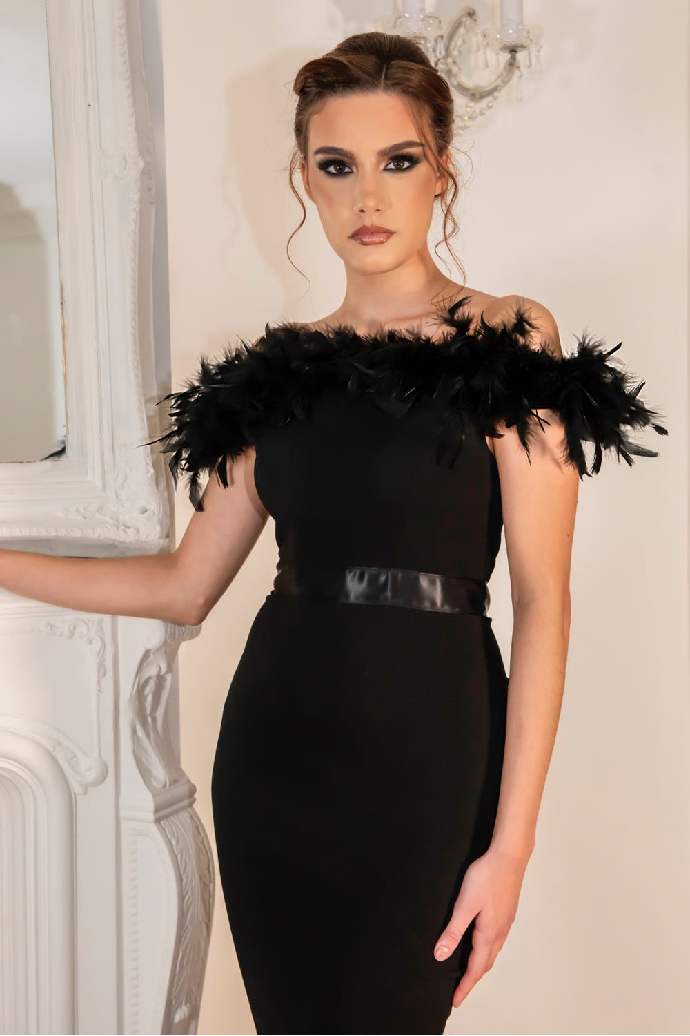 Crystal Fishtail Bardot Feather Trim Dress CRYSTAL