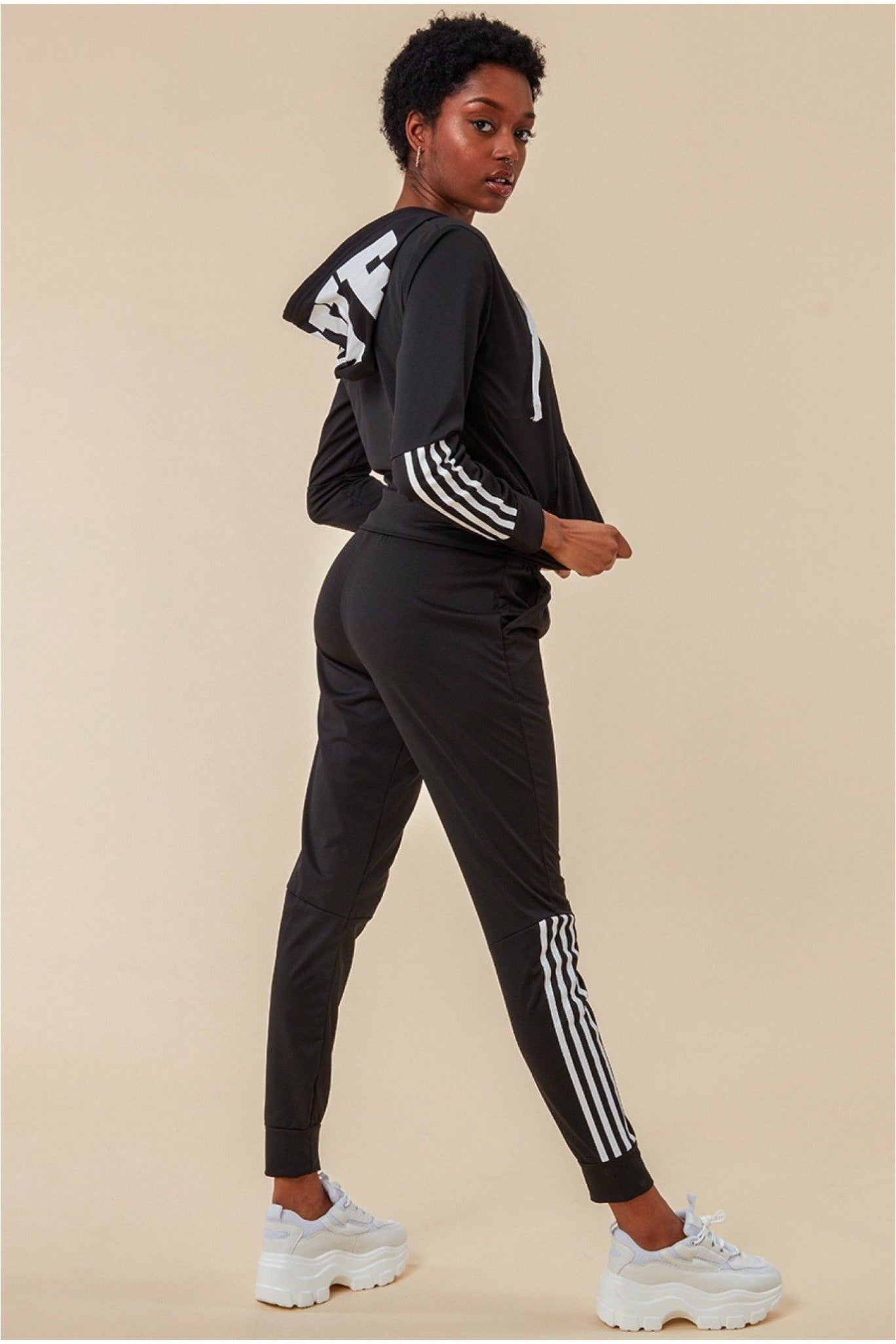 Stripe Detail Hooded Tracksuit Set - Black TS11