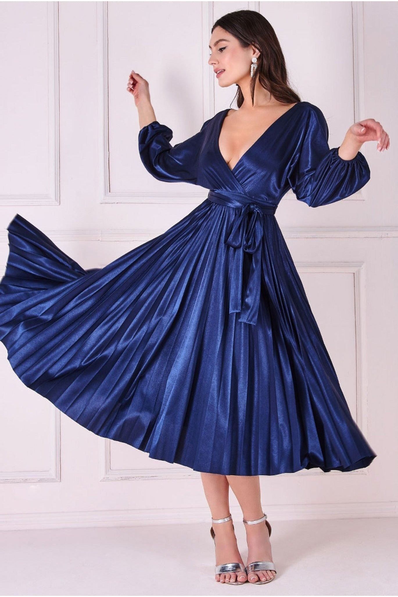 Satin Pleated Skirt Wrap Midi Dress - Navy DR3921
