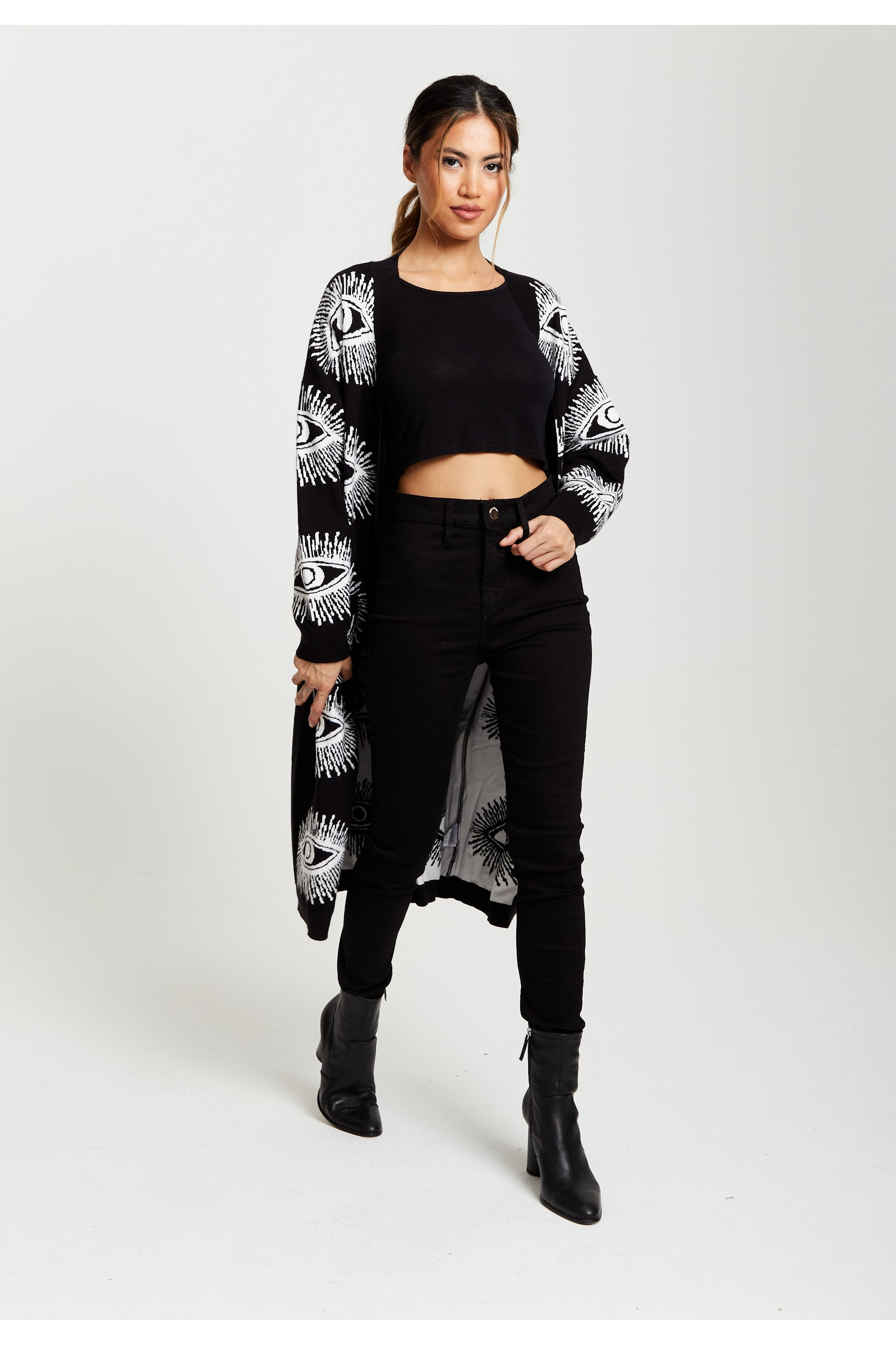 Eye Pattern Longline Cardigan In Black 126-LIQ23KN001