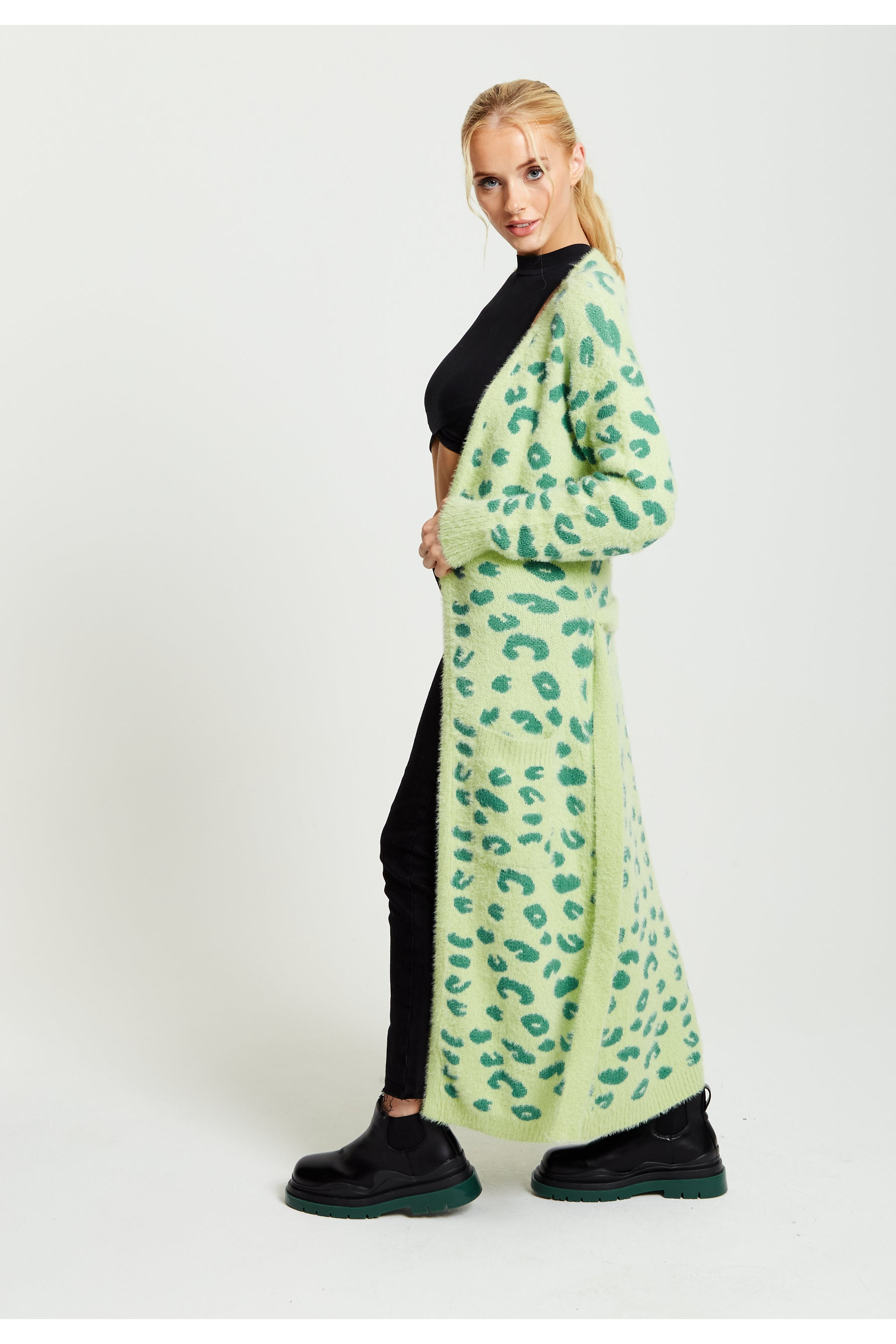 Liquorish Fluffy Longline Cardigan In Green Animal Print 148