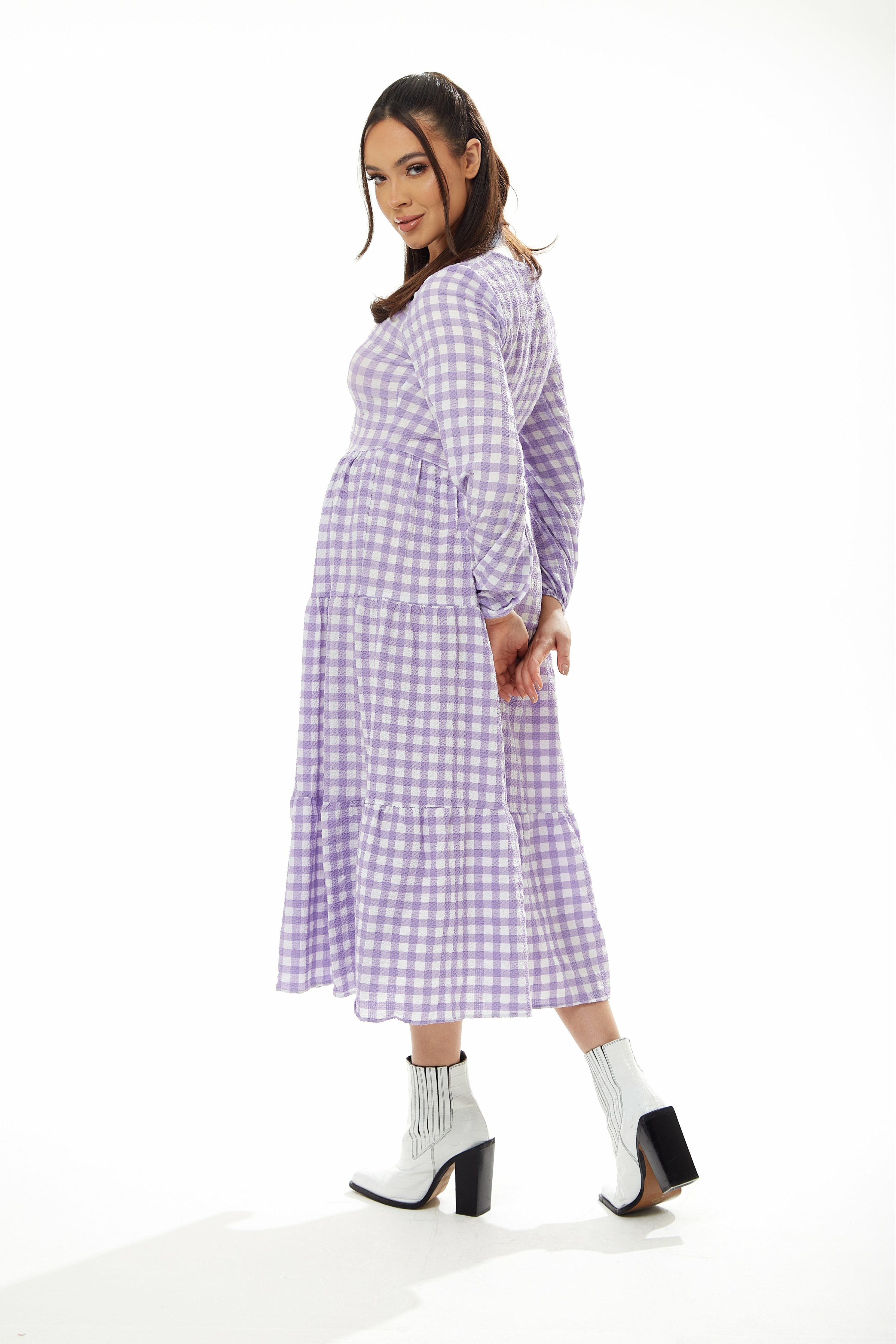 Liquorish Gingham Midi Dress in Lilac and White with Long Sleeves Liquorish Online