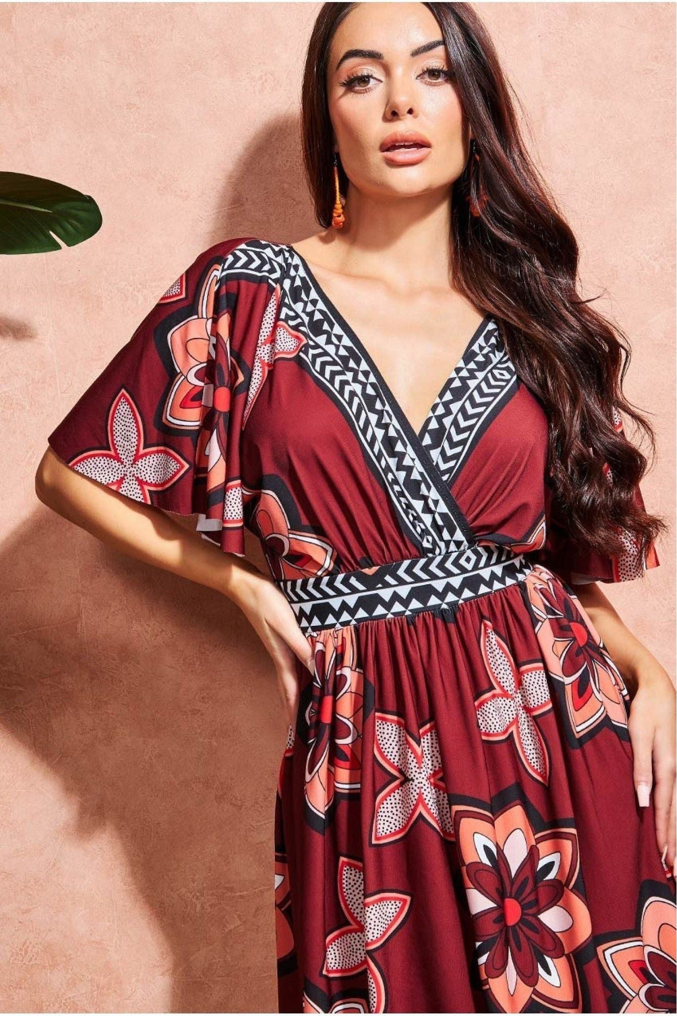 Printed Flutter Sleeve Maxi Dress - Brown DR3608