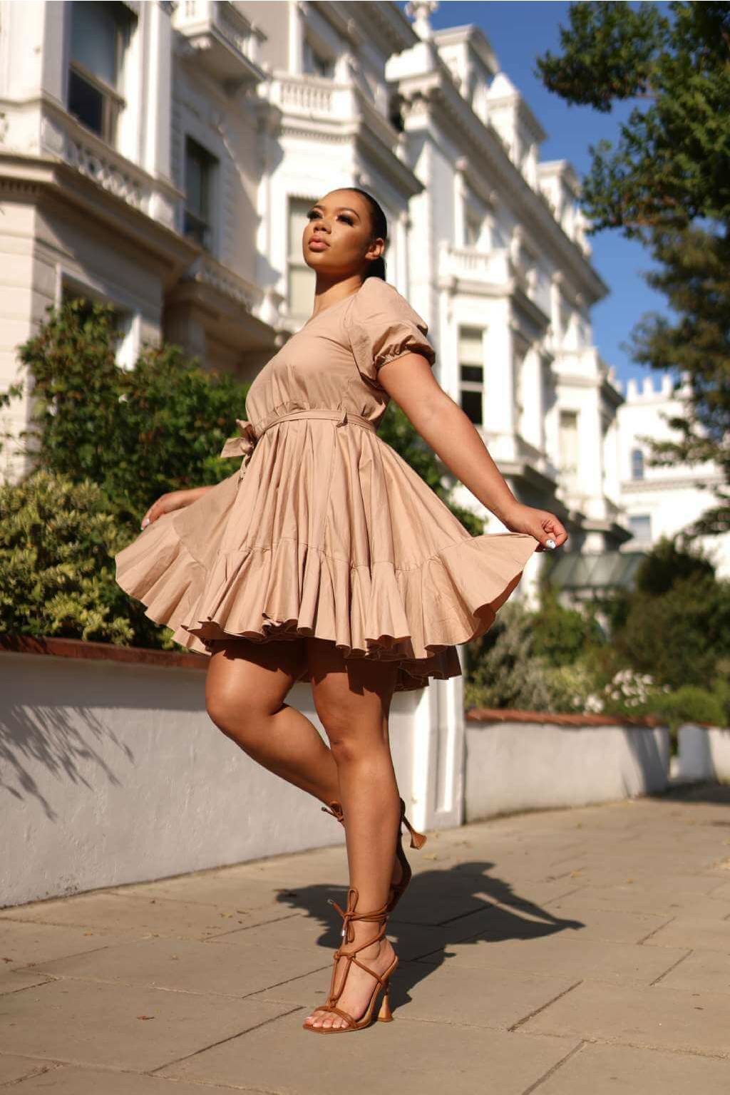 Nude dress top with black heels