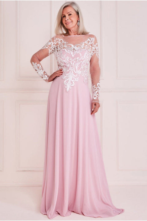 Mesh & Lace Embroidered Bodice Maxi - Blush by Goddiva