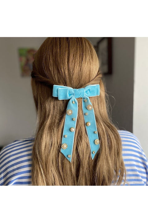 Velvet Bow Hair Clip In Light Blue With Jewels by QueenMee Accessories