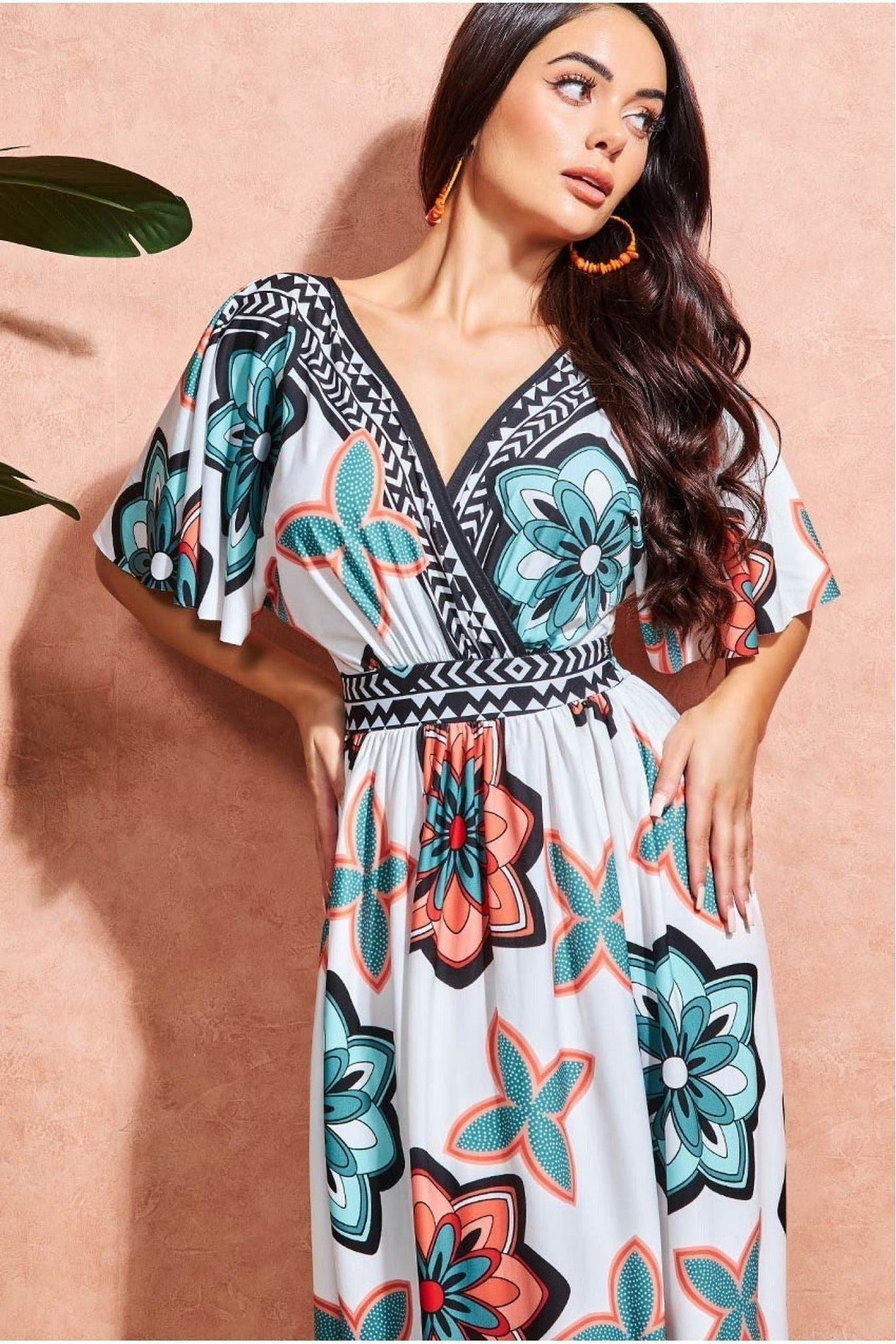 Printed Flutter Sleeve Maxi Dress - Cream DR3608