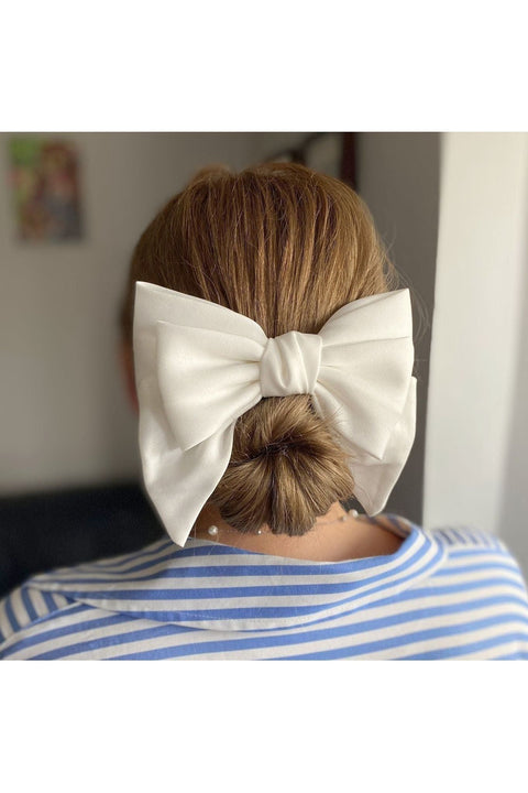 White Satin Hair Bow White Hair Clip by QueenMee Accessories