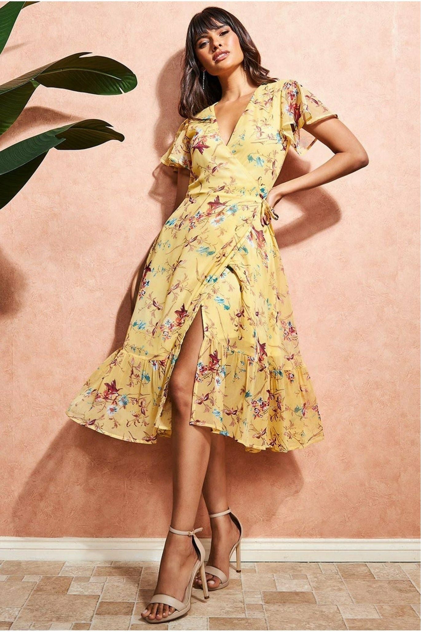 Wrap Flutter Sleeve Floral Midi Dress Yellow Goddiva