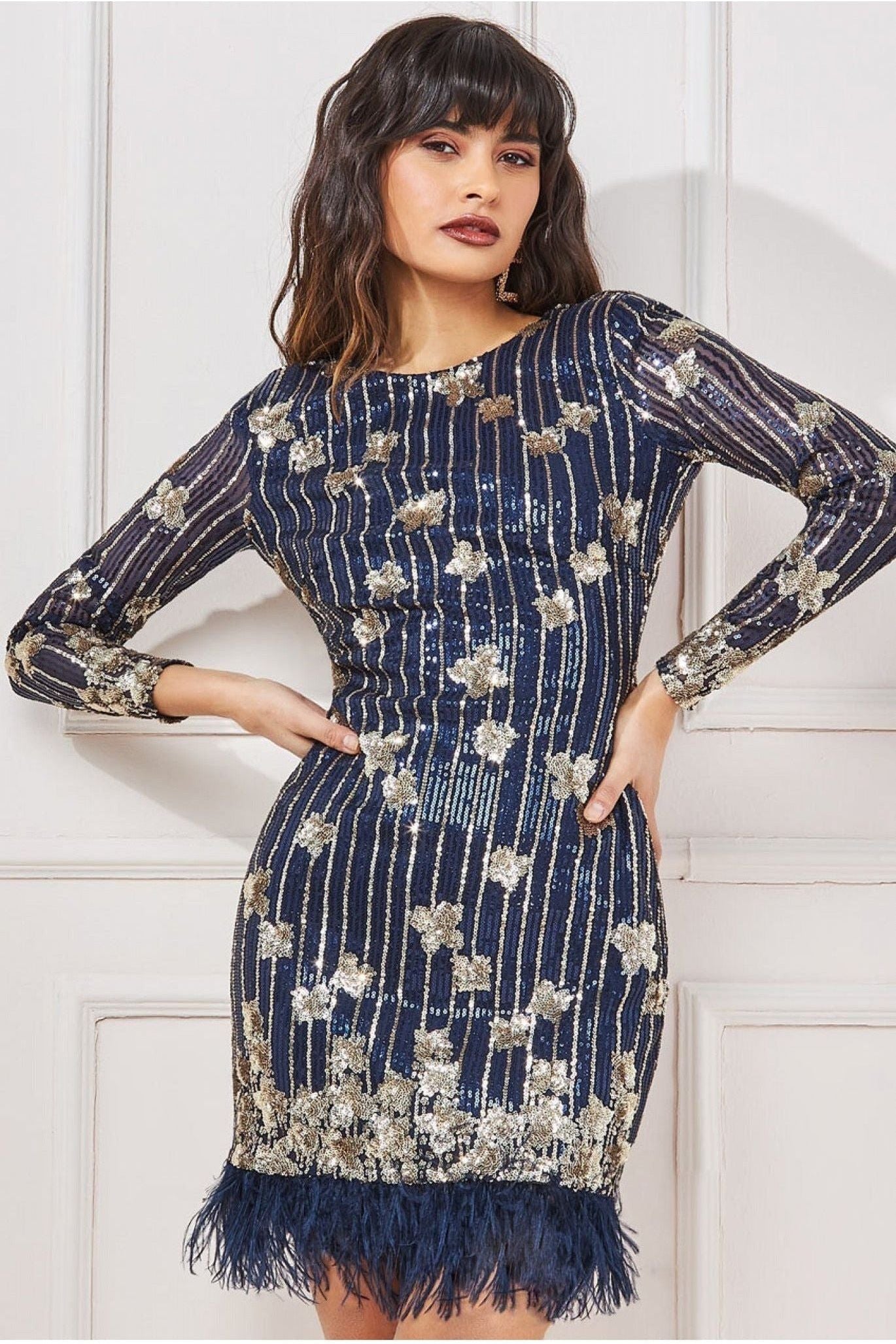 Sequin And Feather Open Back Mini - Navy DR3770