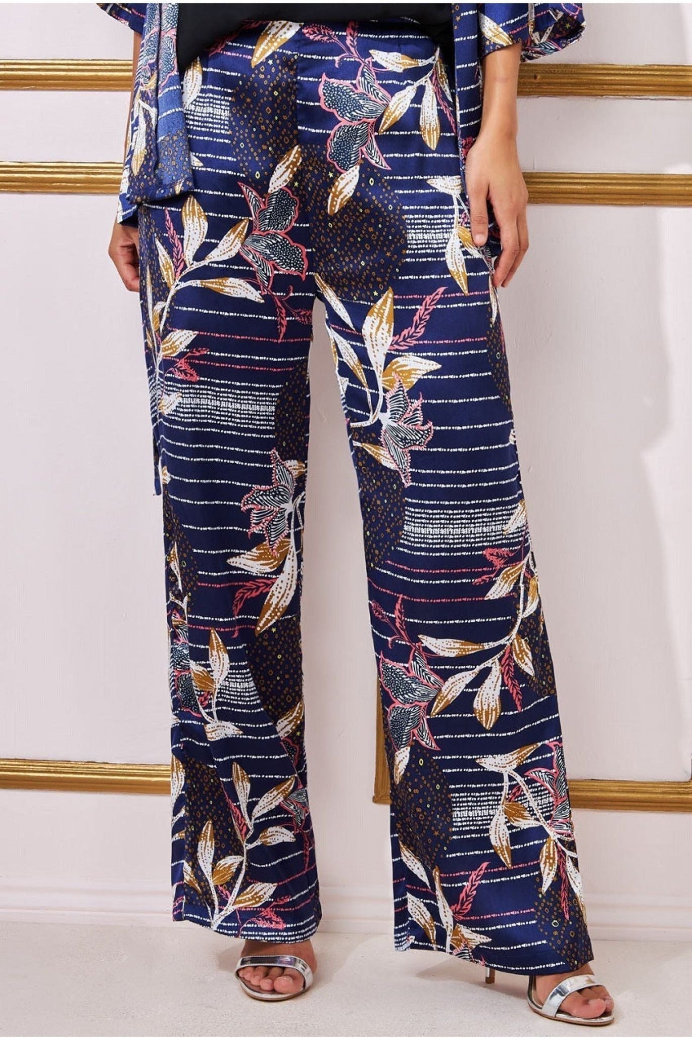 Printed Satin Wide Leg Trouser - Navy TR368