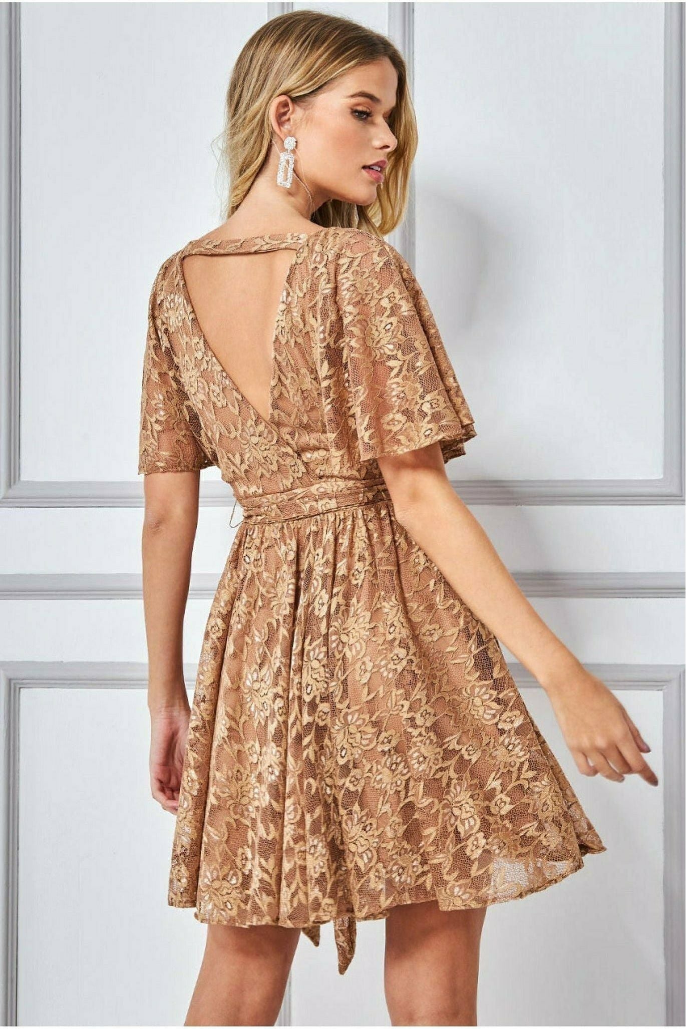 Lace Kimono Wrap Skater Mini Dress - Tan DR2567A