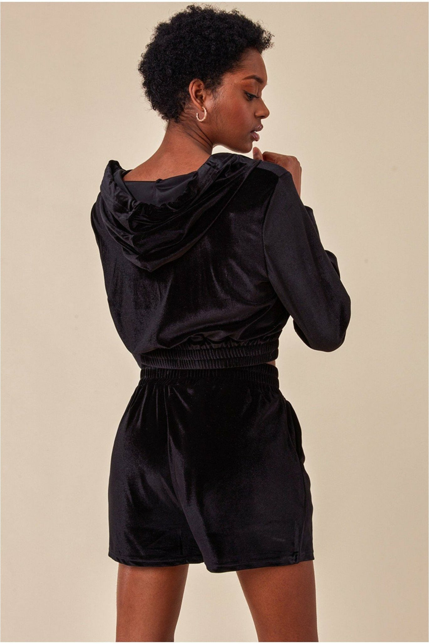 Velour Hoodie & Short Set - Black TS22
