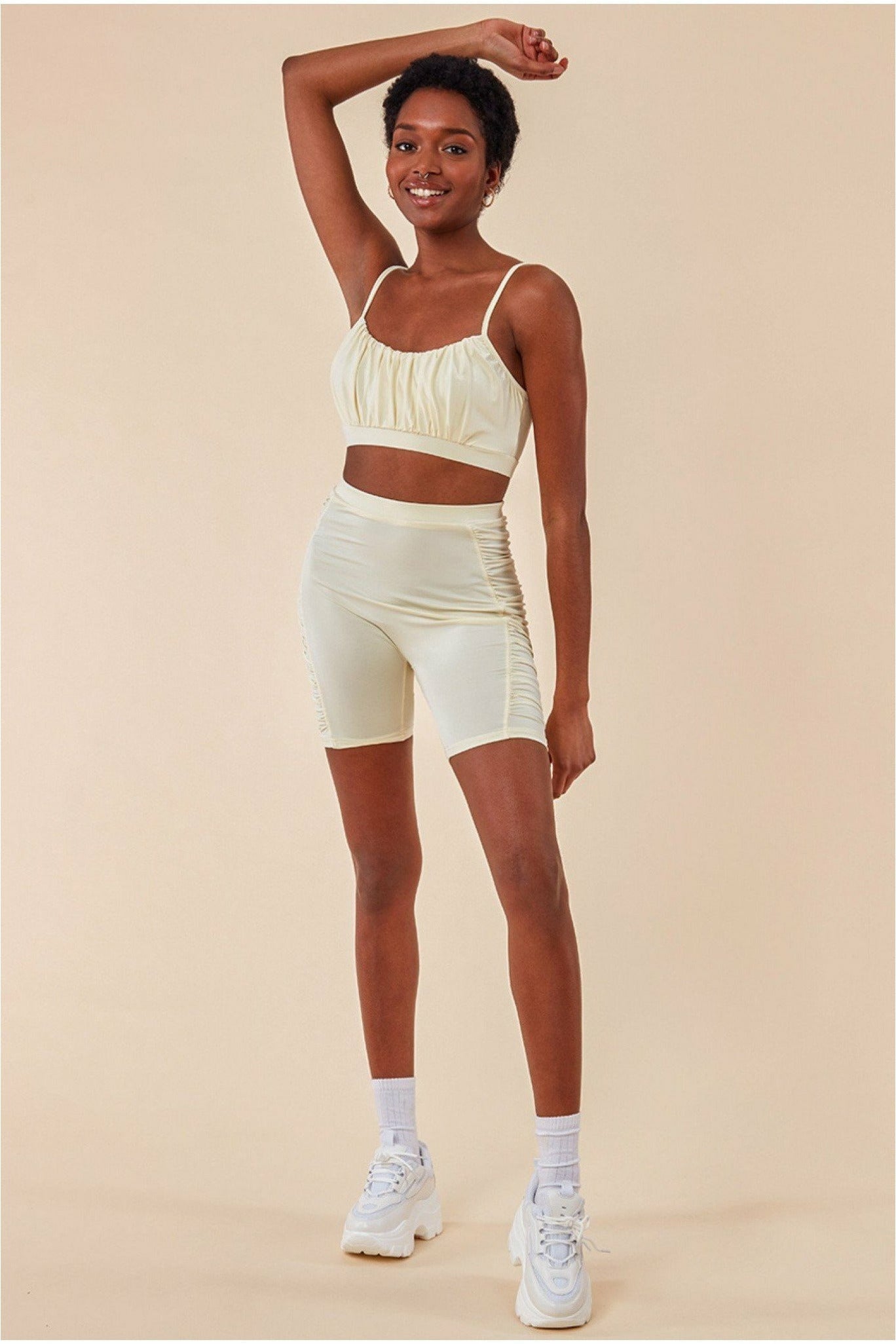 Side Detail Bralette & Cycle Short Set - Beige TS5