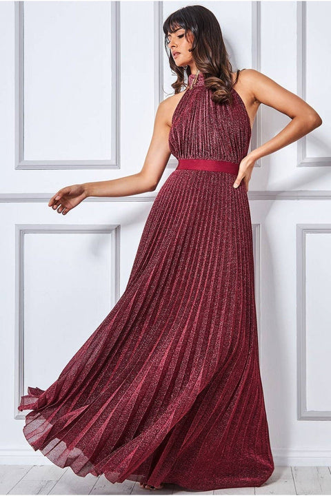 Lurex Halterneck Pleated Maxi Dress - Wine by Goddiva