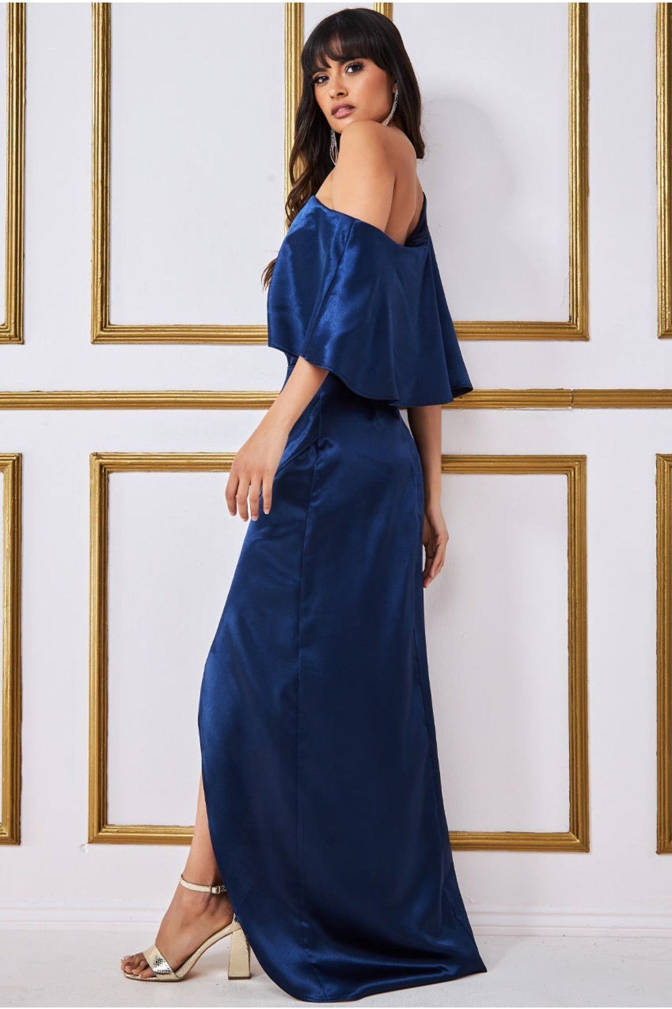 Satin Drape Shoulder Wrap Maxi Dress - Navy DR3450
