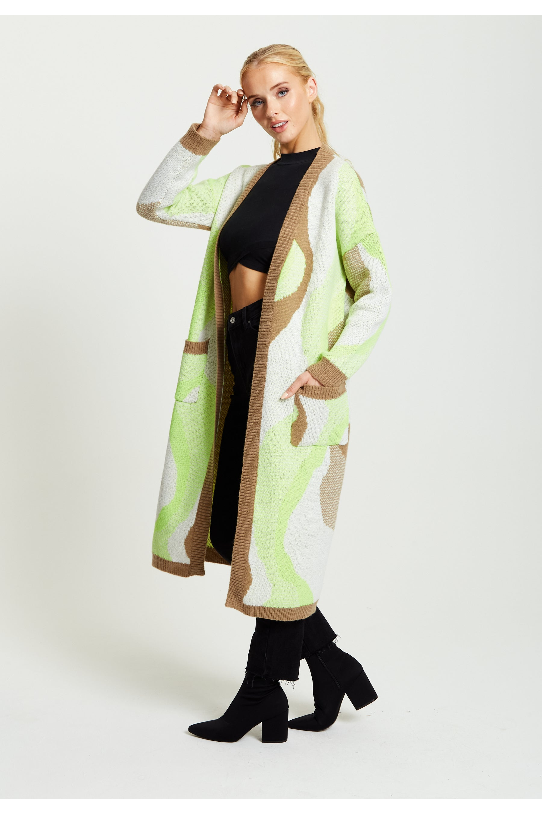 Longline Cardigan In Brown, Green And White D1-LS-L22AW002